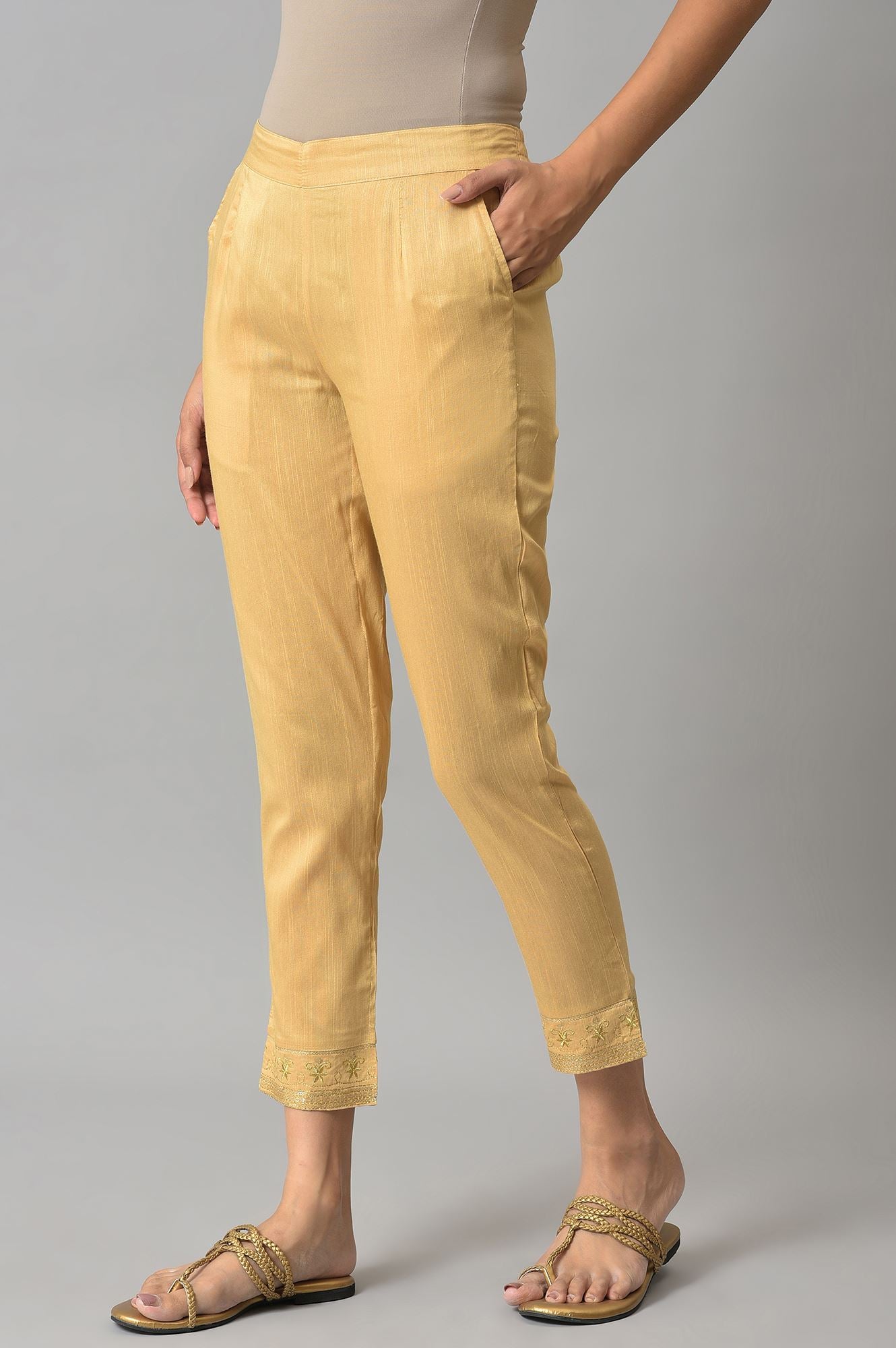 Gold Floral Embroidered Straight Fit Woven Pants With Elasticated Waist