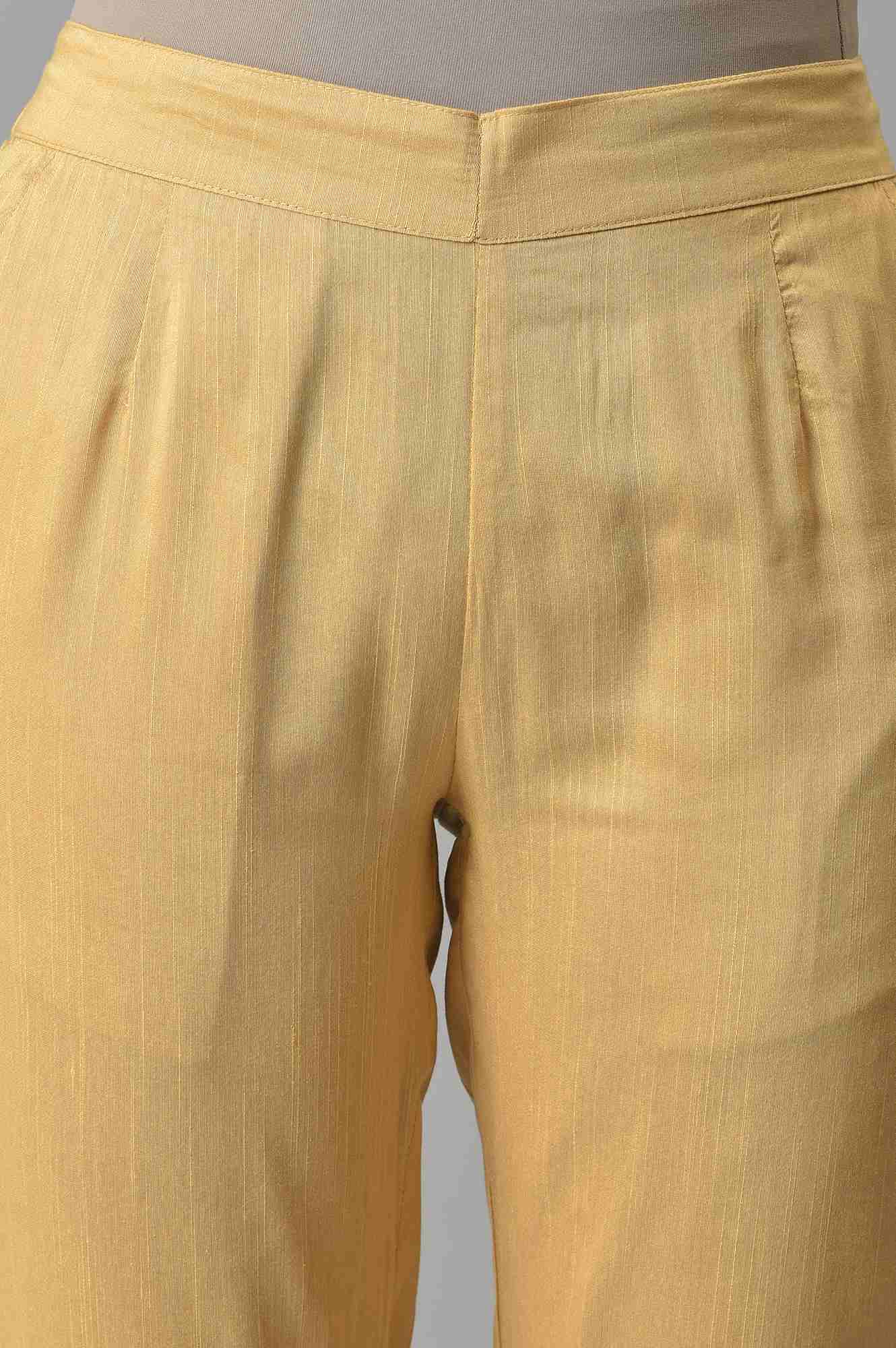 Gold Floral Embroidered Straight Fit Woven Pants With Elasticated Waist