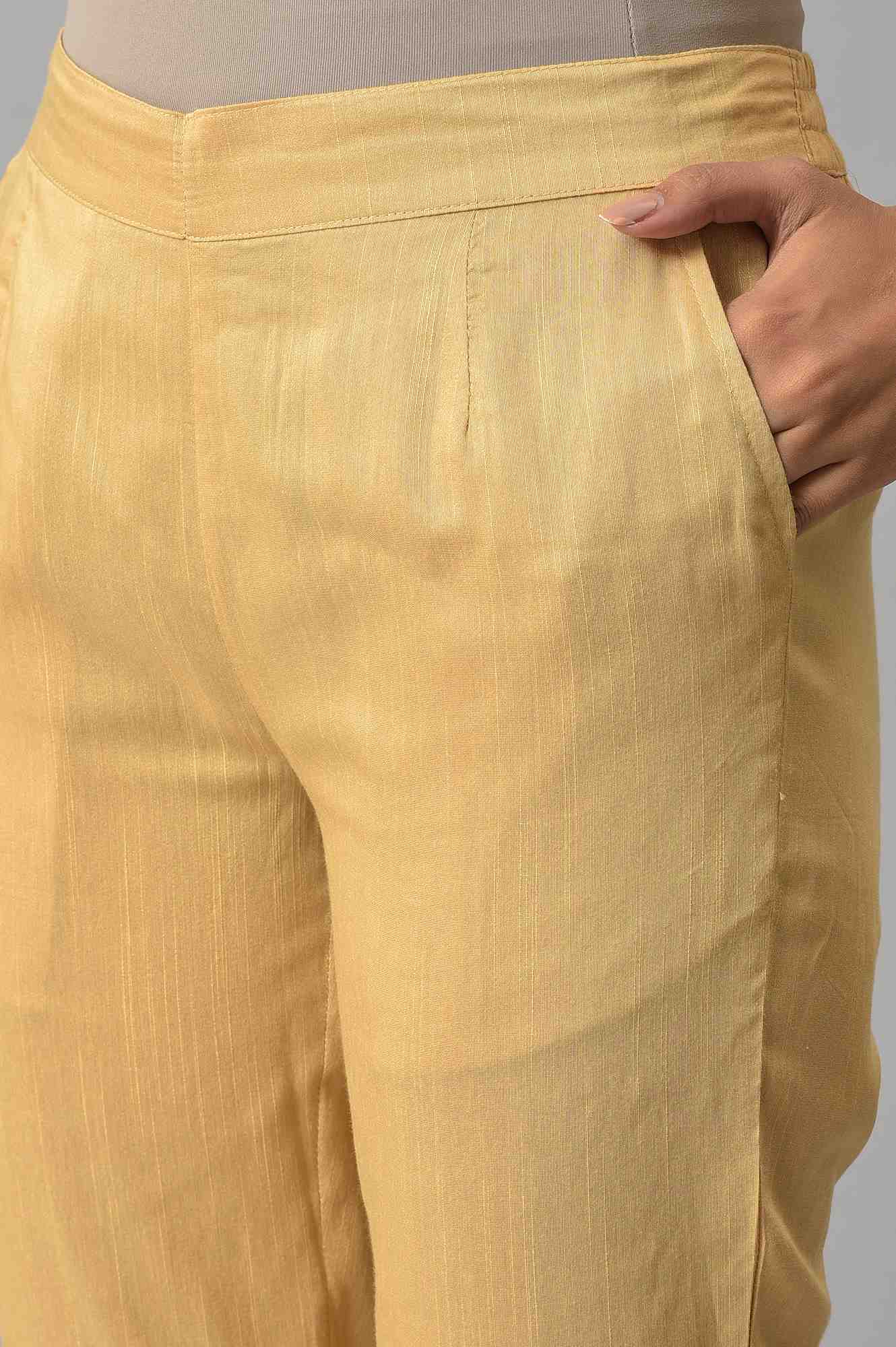 Gold Floral Embroidered Straight Fit Woven Pants With Elasticated Waist