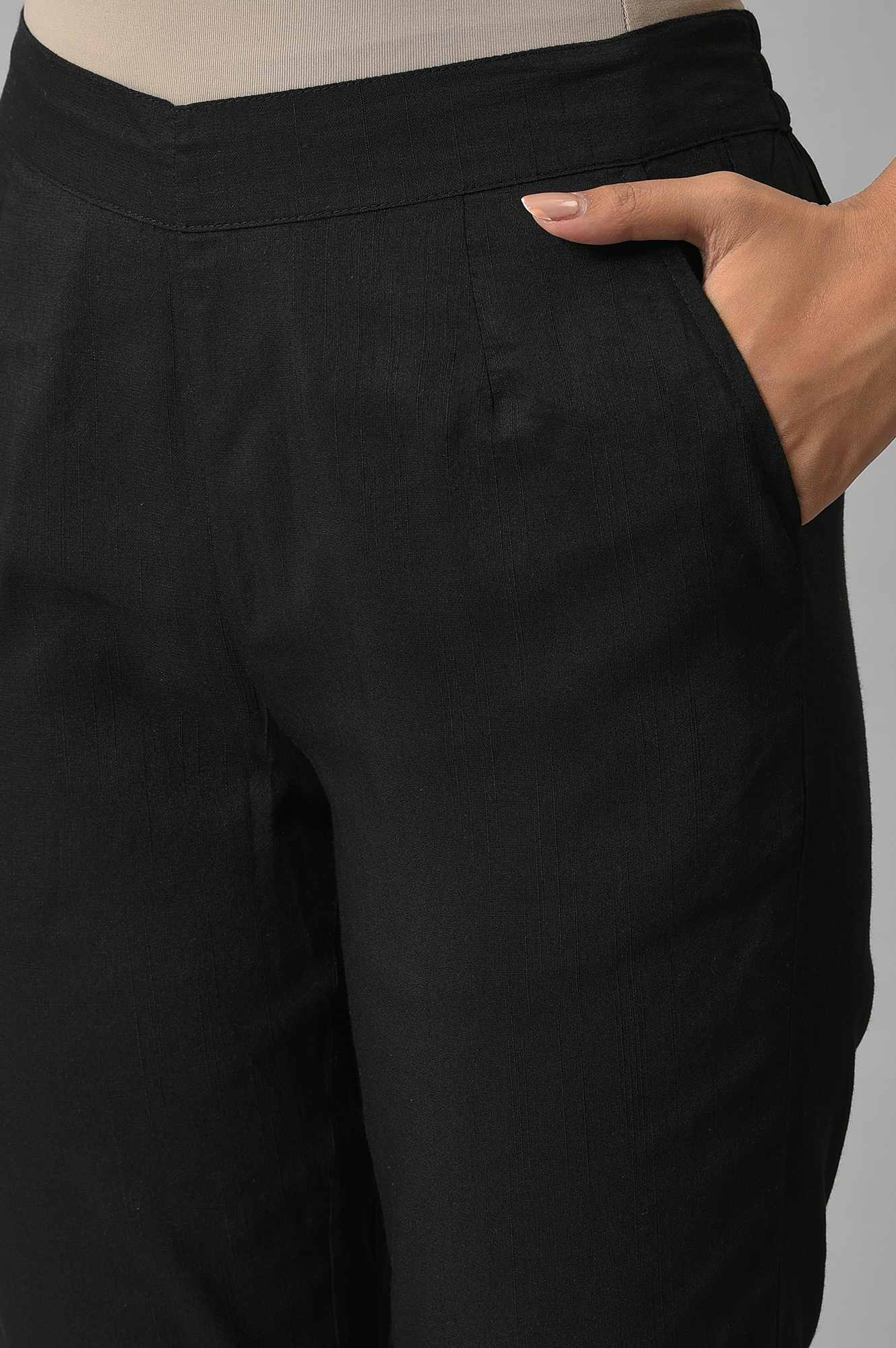 Black Floral Printed Straight Fit Pants With Elasticated Waist