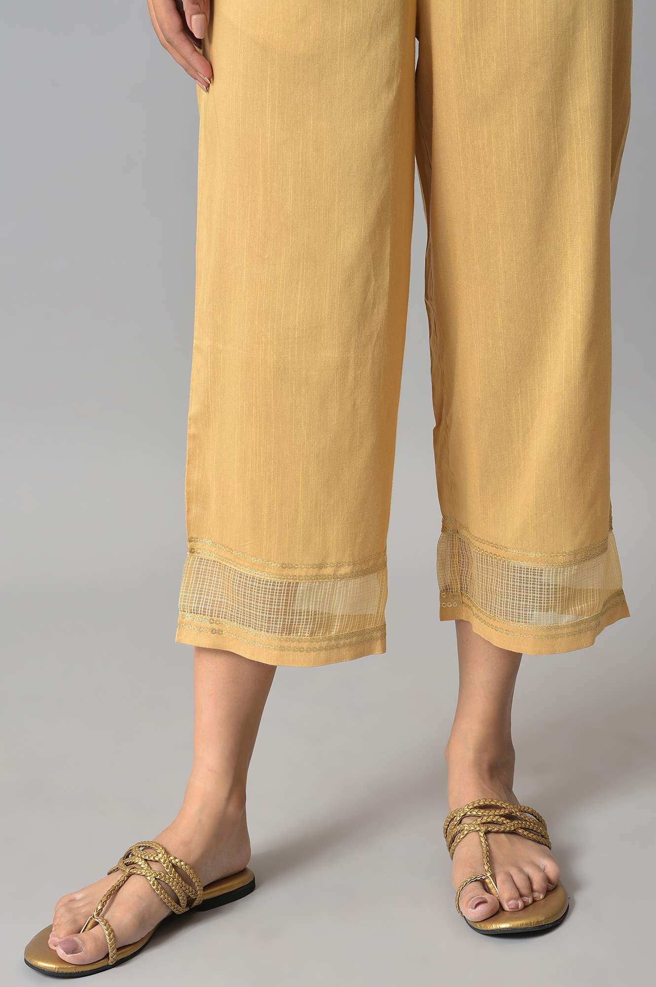 Gold Solid Straight Fit Culottes With Elasticated Waistband