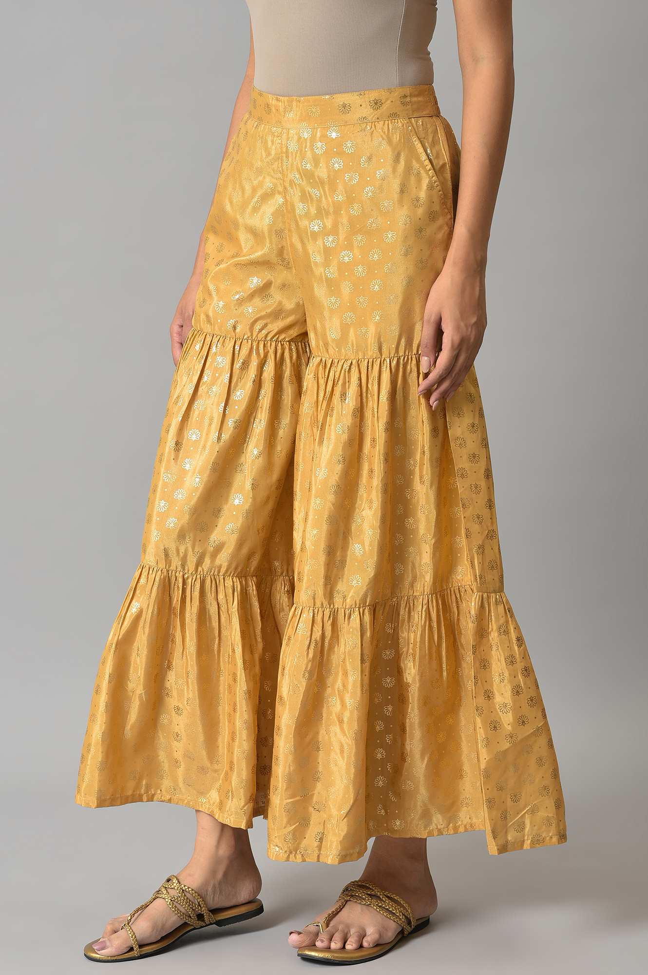 Gold Floral Printed Flared Silk Palazzo With Elasticated Waist