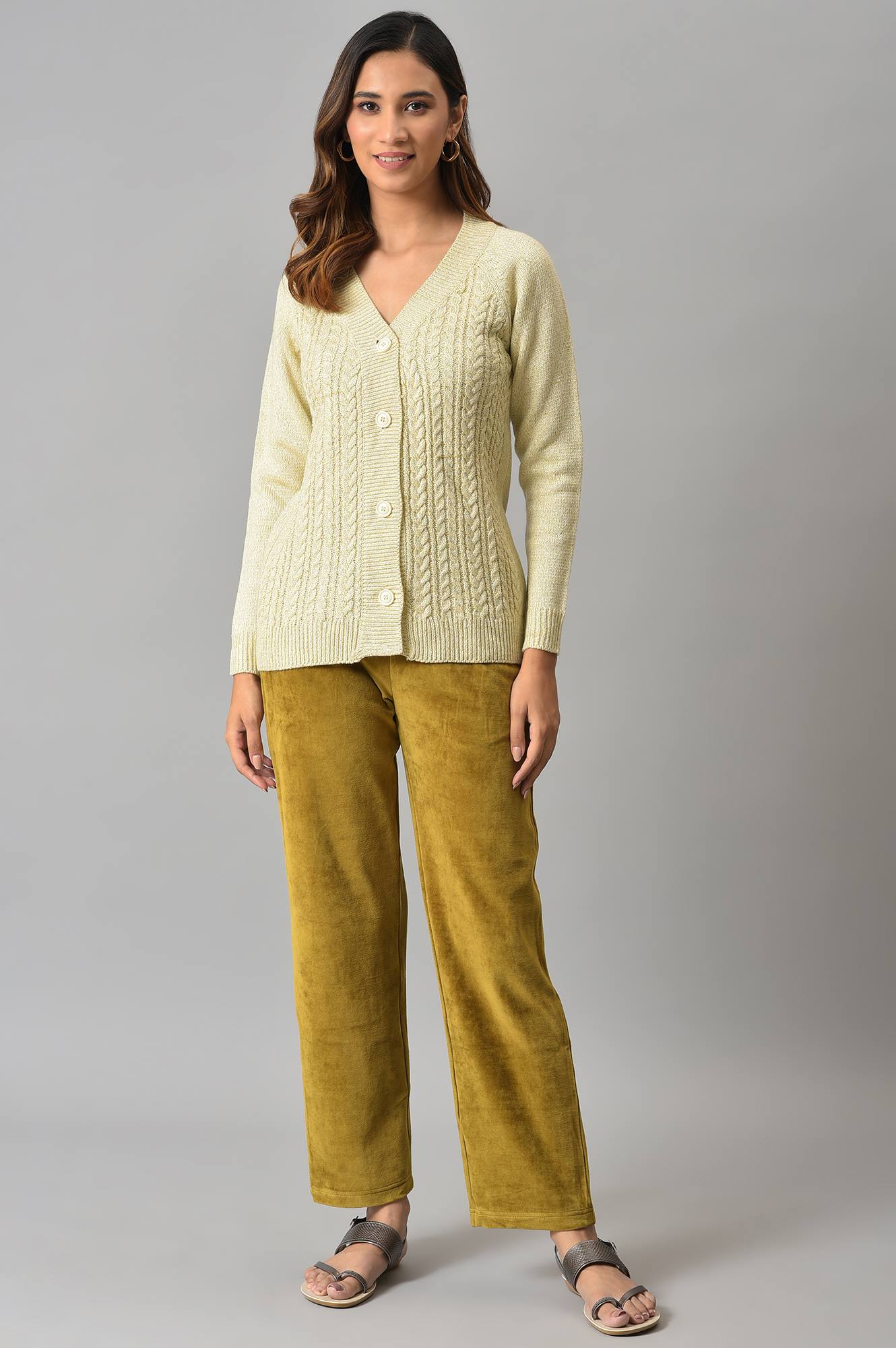 Muted Sage Green Solid Straight Fit Cotton Trousers With Elasticated Waist