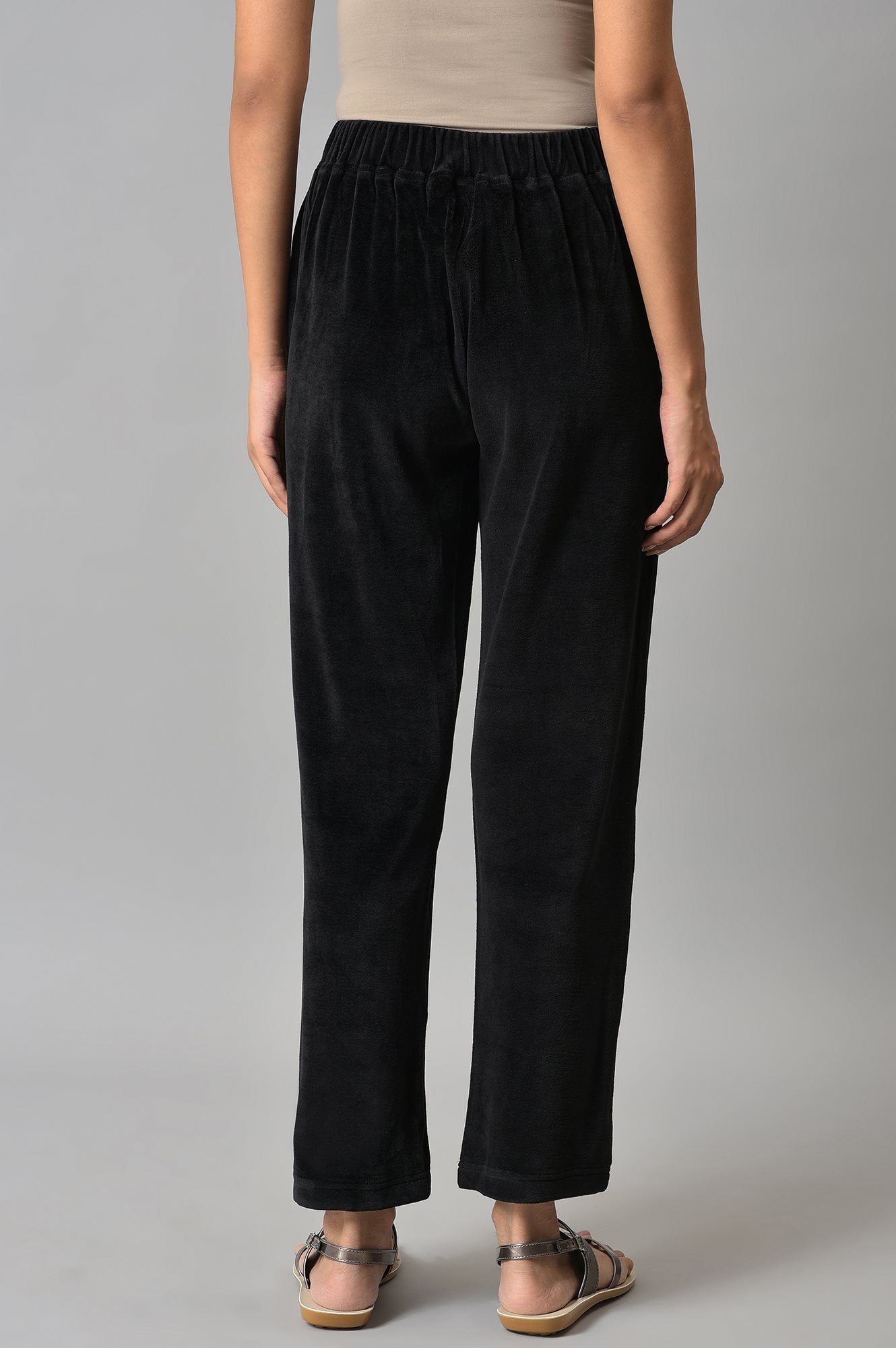 Black Solid Straight Fit Cotton Trousers With Elasticated Waist
