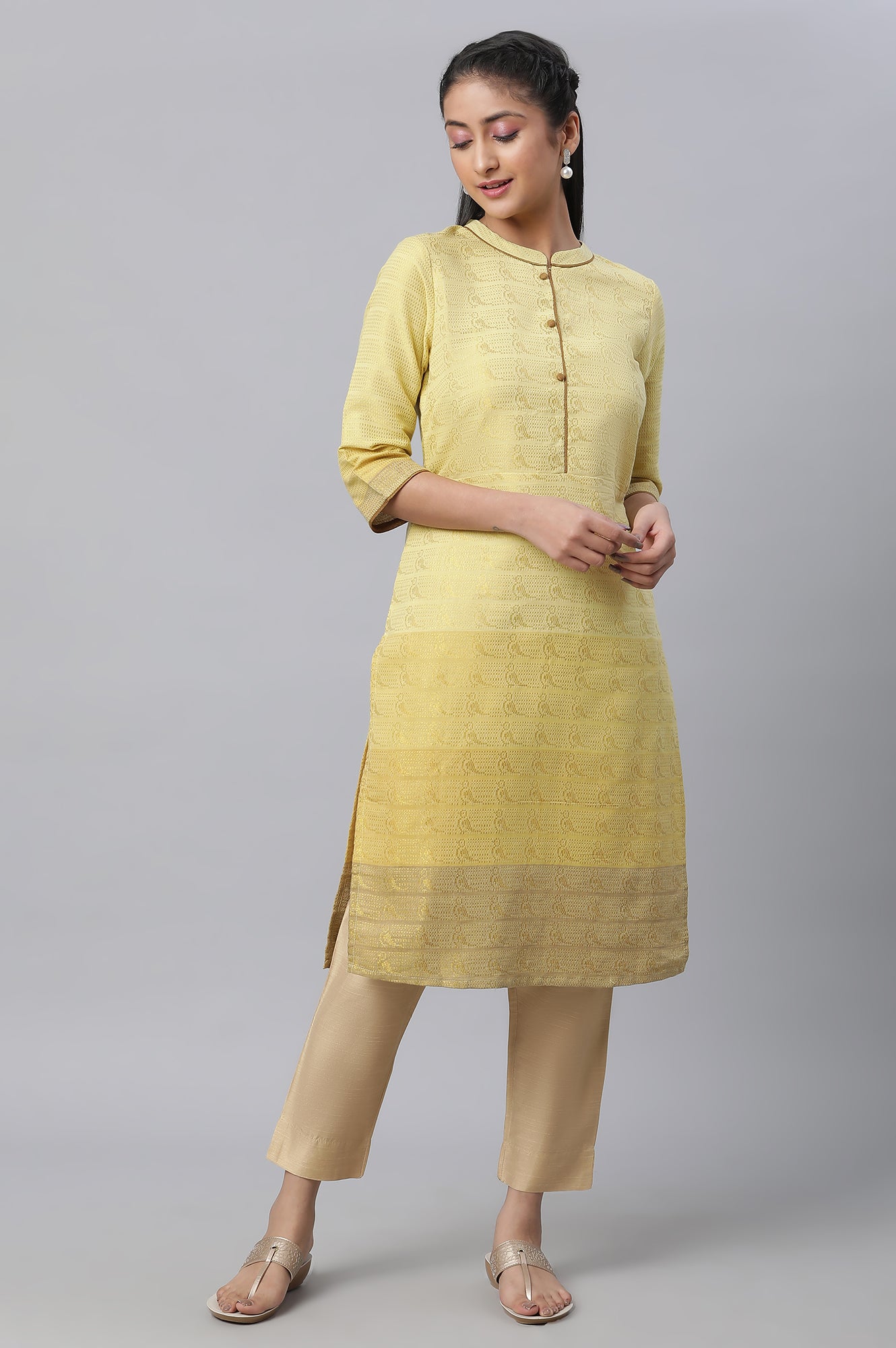 Gold Solid Straight Fit Trousers With Elasticated Waist