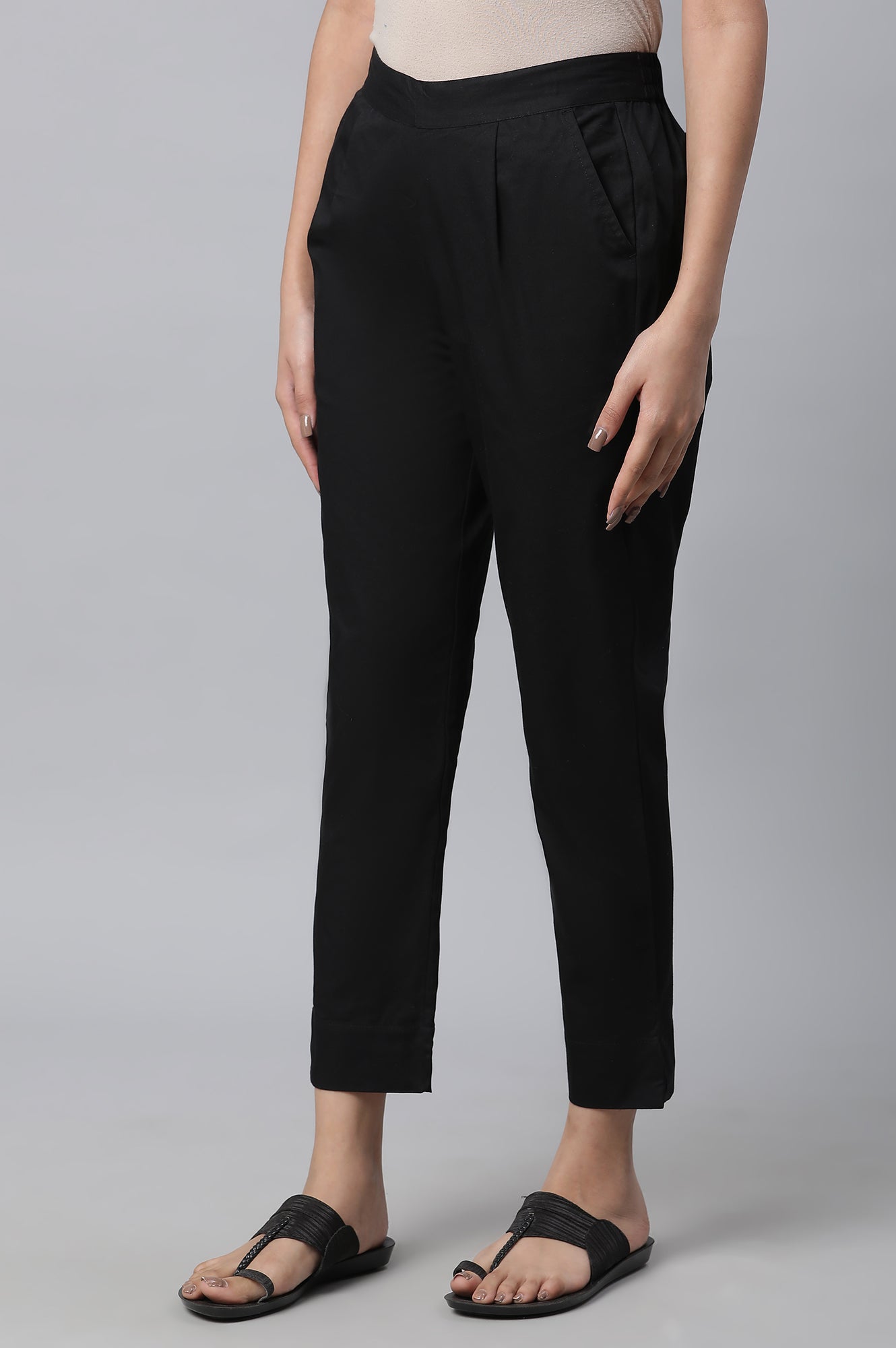 Black Solid Straight Fit Cotton Pants With Elasticated Waist