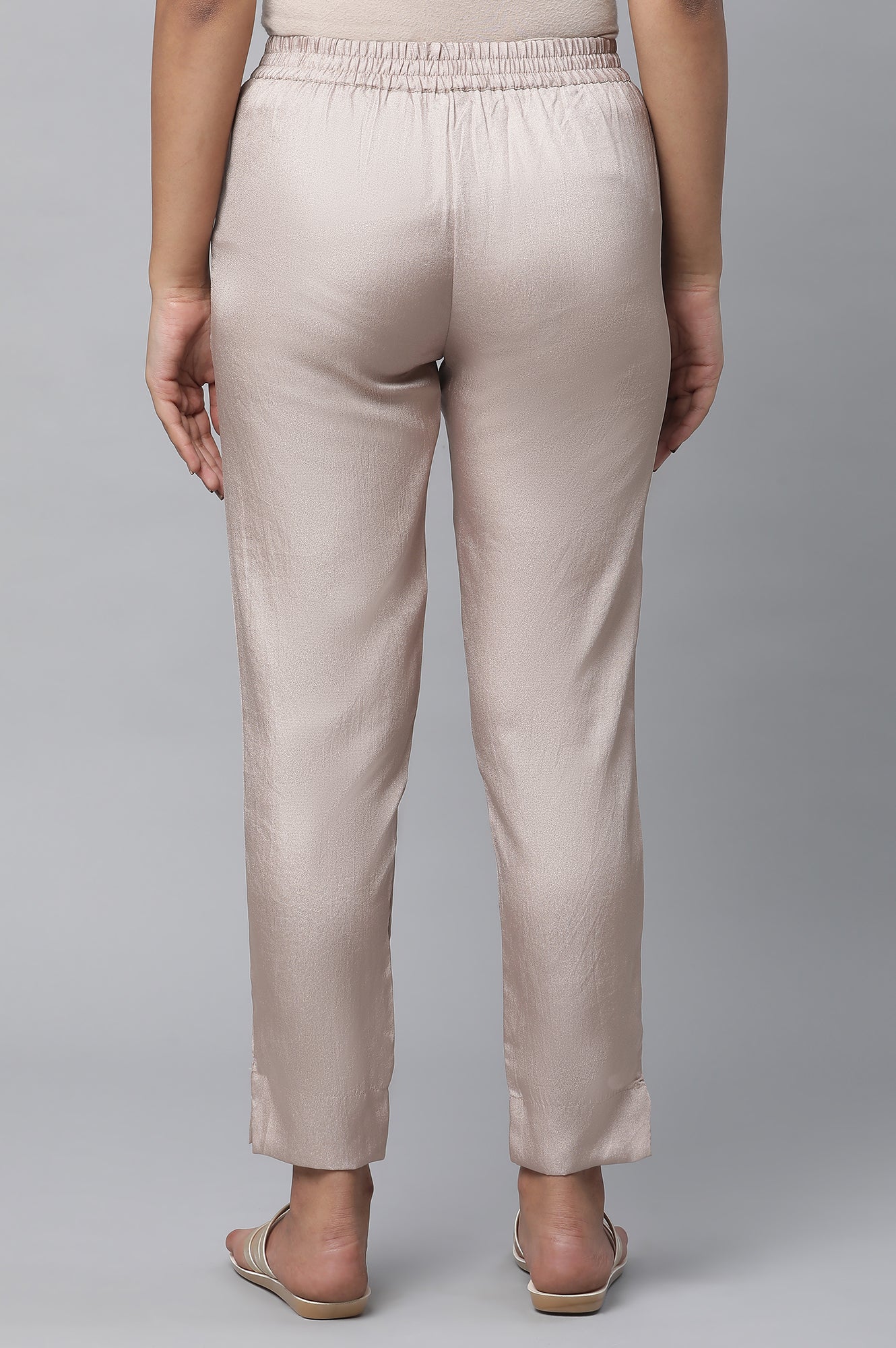 Gold Solid Straight Fit Satin Pants With Elasticated Waist