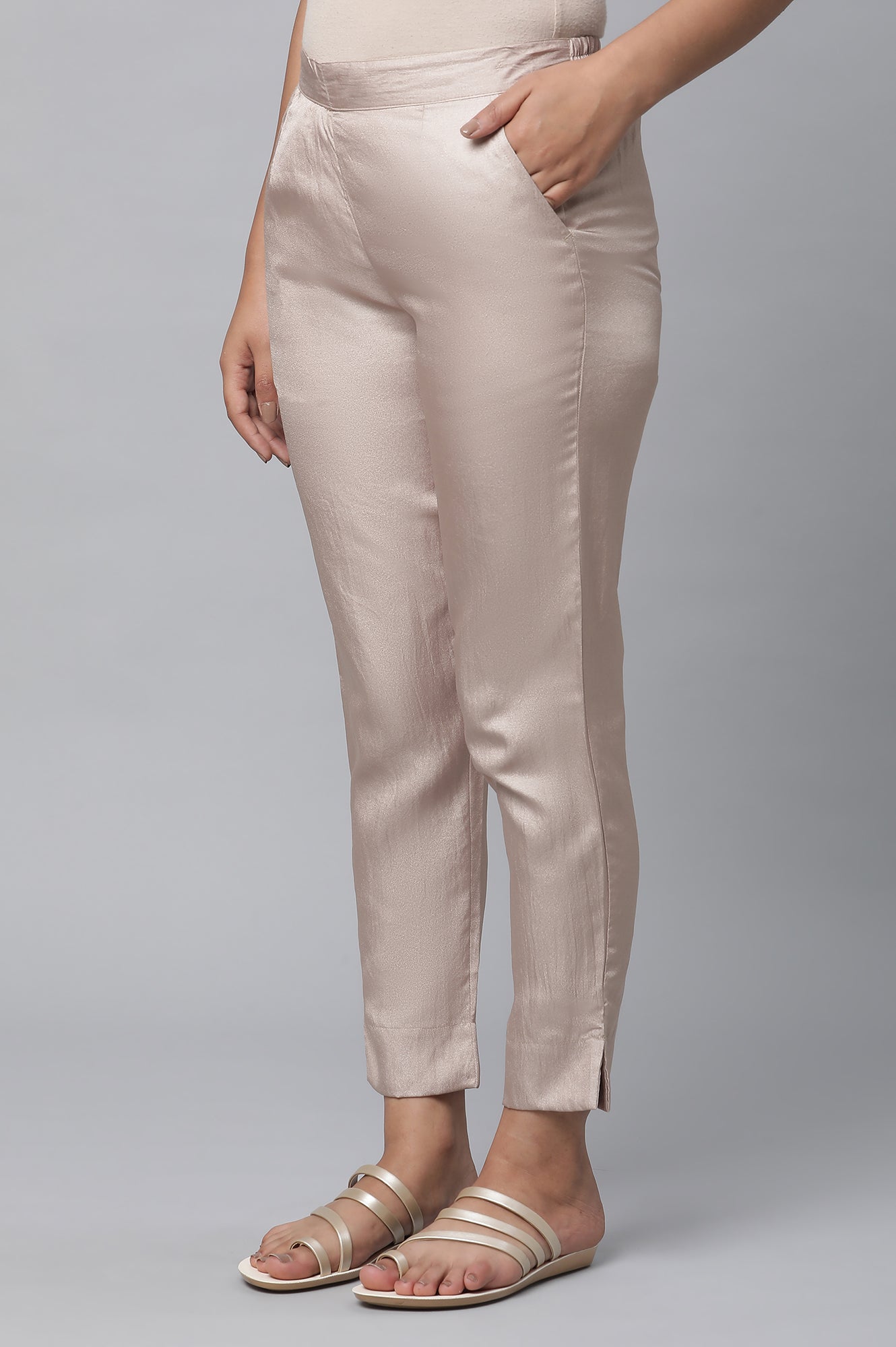 Gold Solid Straight Fit Satin Pants With Elasticated Waist