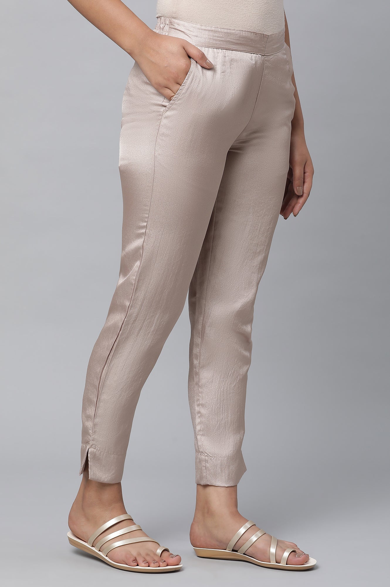 Gold Solid Straight Fit Satin Pants With Elasticated Waist