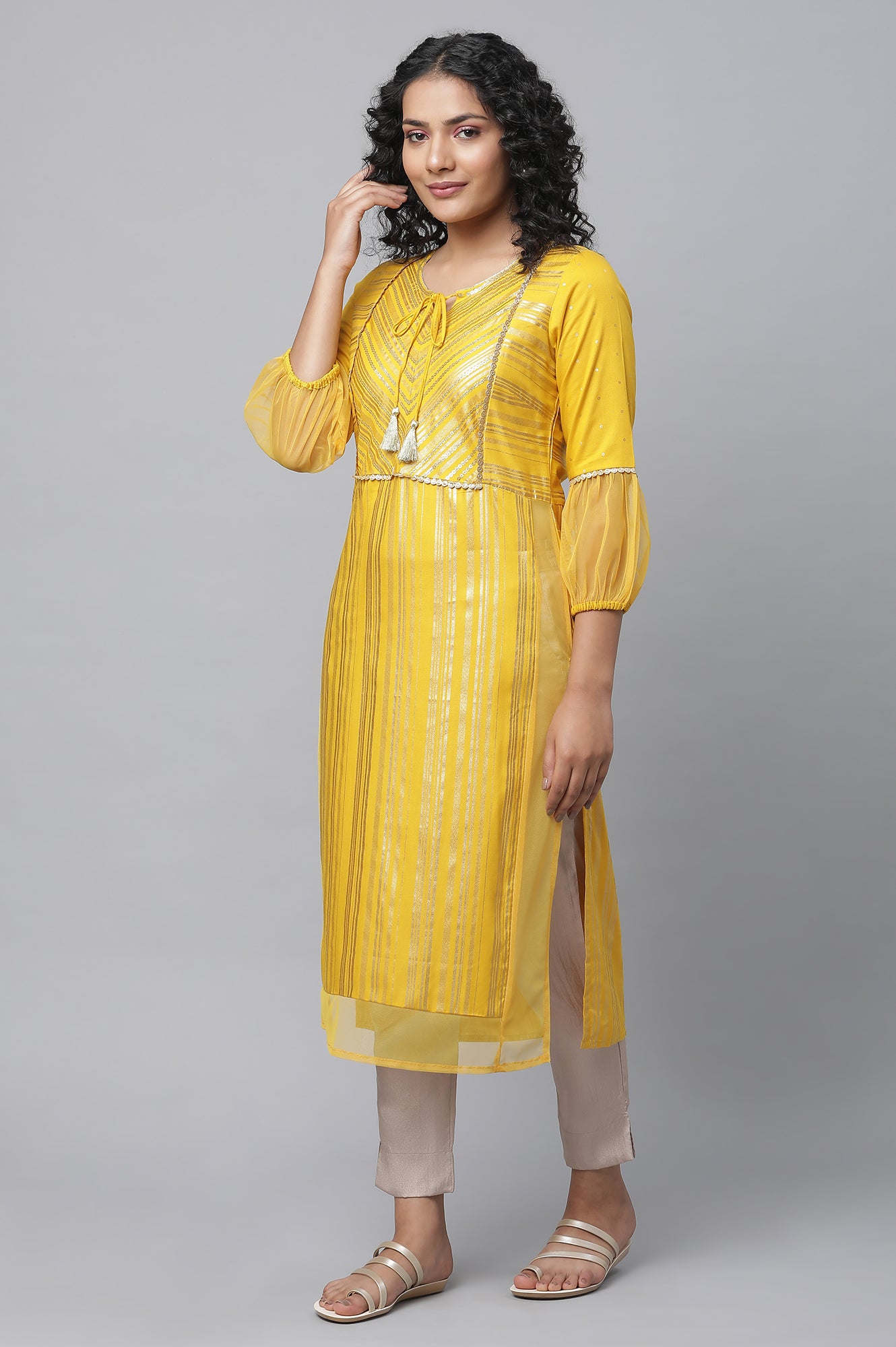 Gold Solid Straight Fit Satin Pants With Elasticated Waist