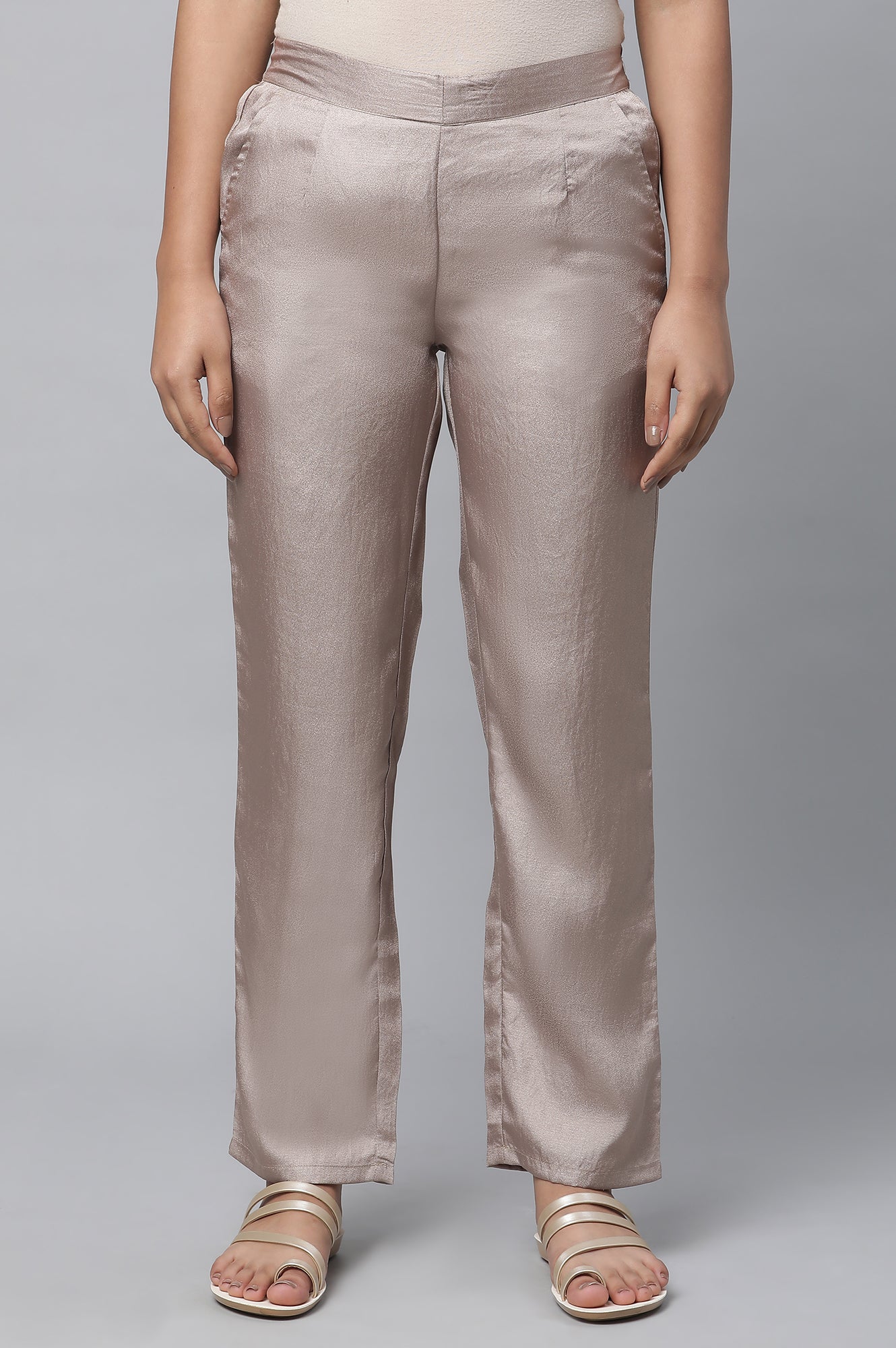 Gold Solid Straight Fit Woven Pants With Elasticated Waist