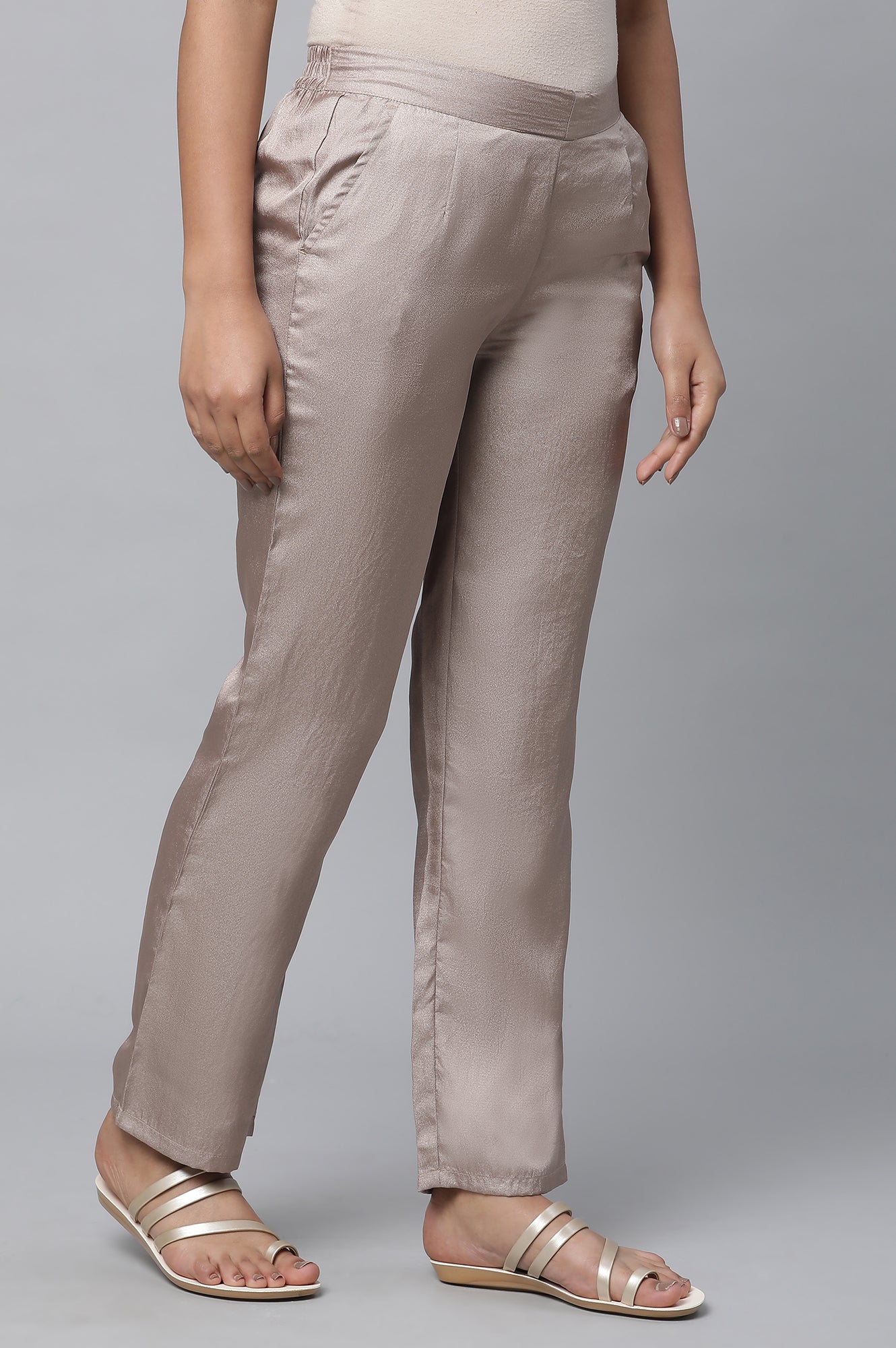 Gold Solid Straight Fit Woven Pants With Elasticated Waist