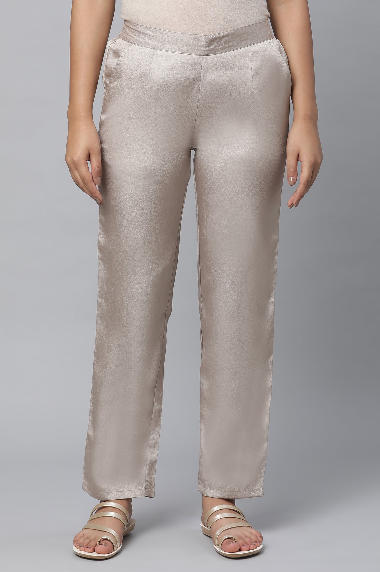 Gold Solid Straight Fit Woven Pants With Elasticated Waist