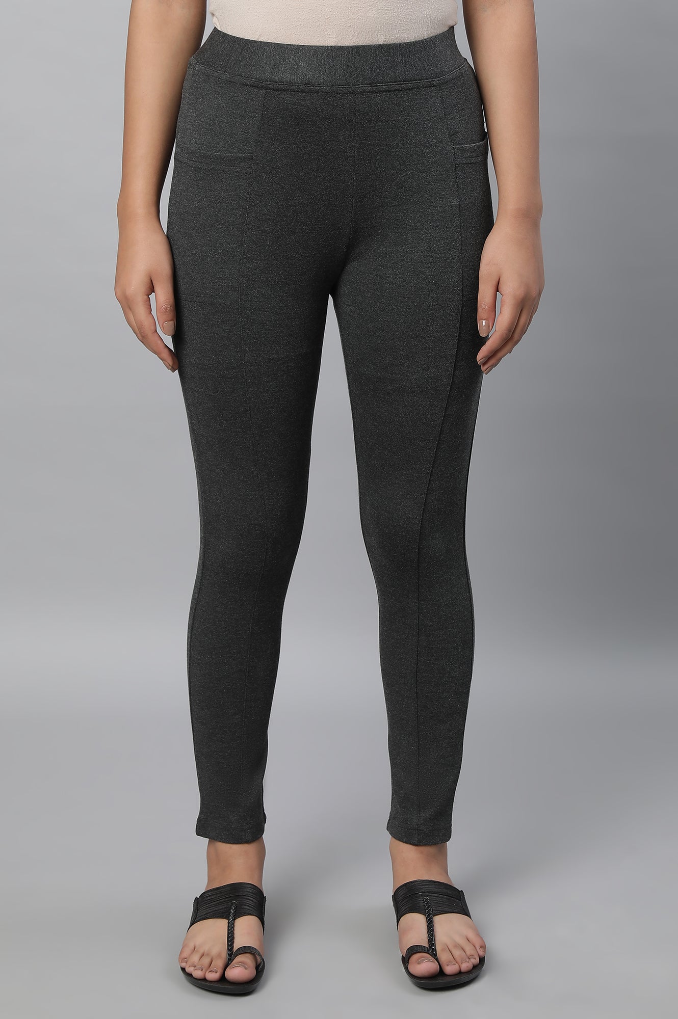 Grey Solid Skinny Fit Tights With Elasticated Waistband