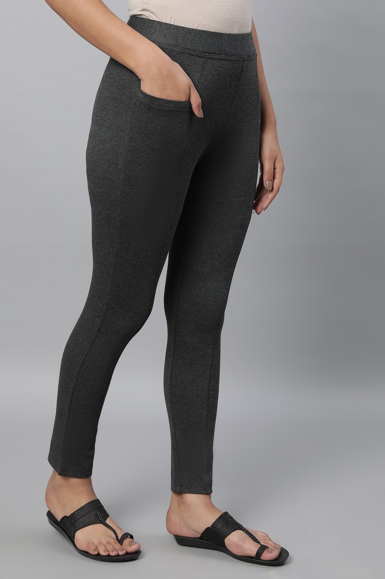 Grey Solid Skinny Fit Tights With Elasticated Waistband