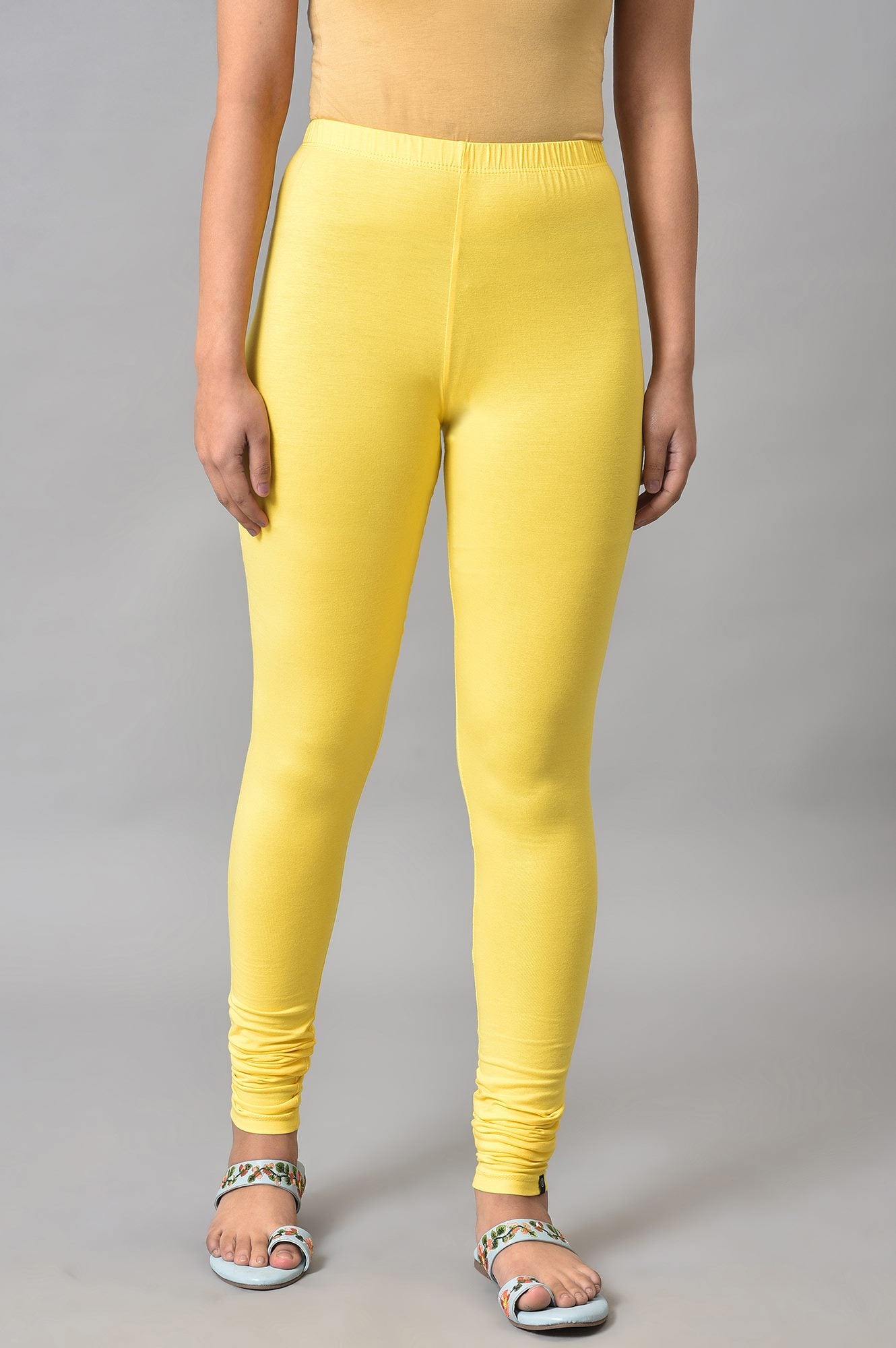 Yellow Solid Skinny Fit Cotton High Waisted Churidar