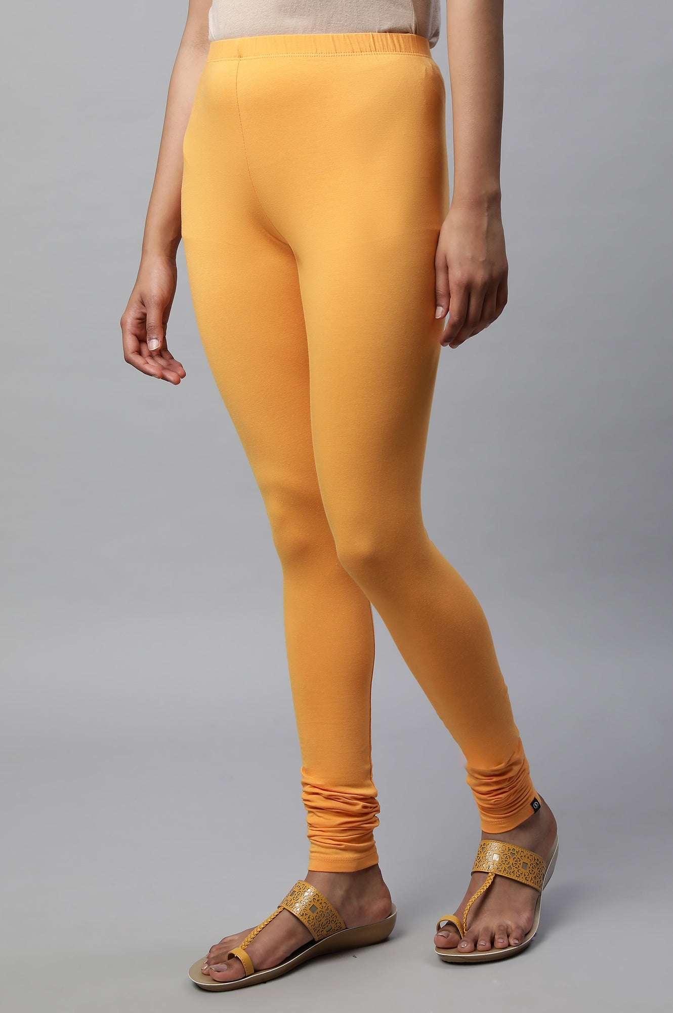 Orange Solid Skinny Fit Cotton Churidar With Elasticated Waist
