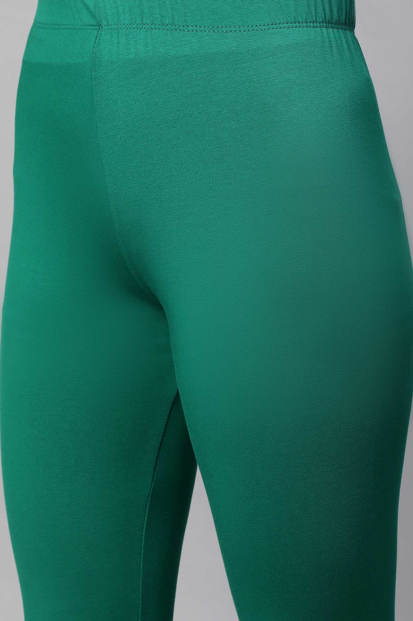 Green Solid Skinny Fit Cotton Tights With Elasticated Waist