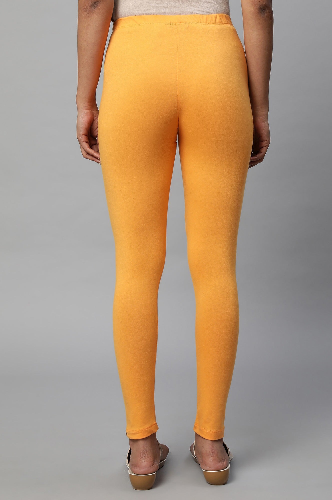 Orange Solid Skinny Fit Cotton Tights With Elasticated Waist