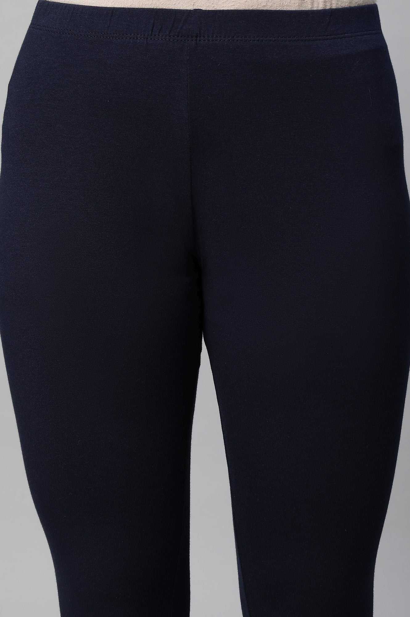 Navy Blue Solid Skinny Fit Cotton Tights With Slip On Closure