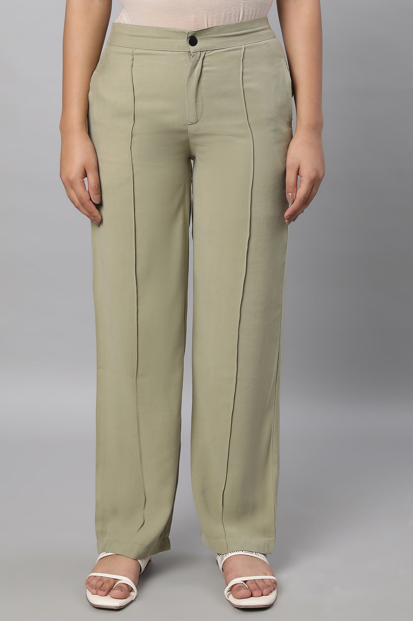 Muted Sage Green Solid Straight Fit Woven Pants With Pintuck Detail