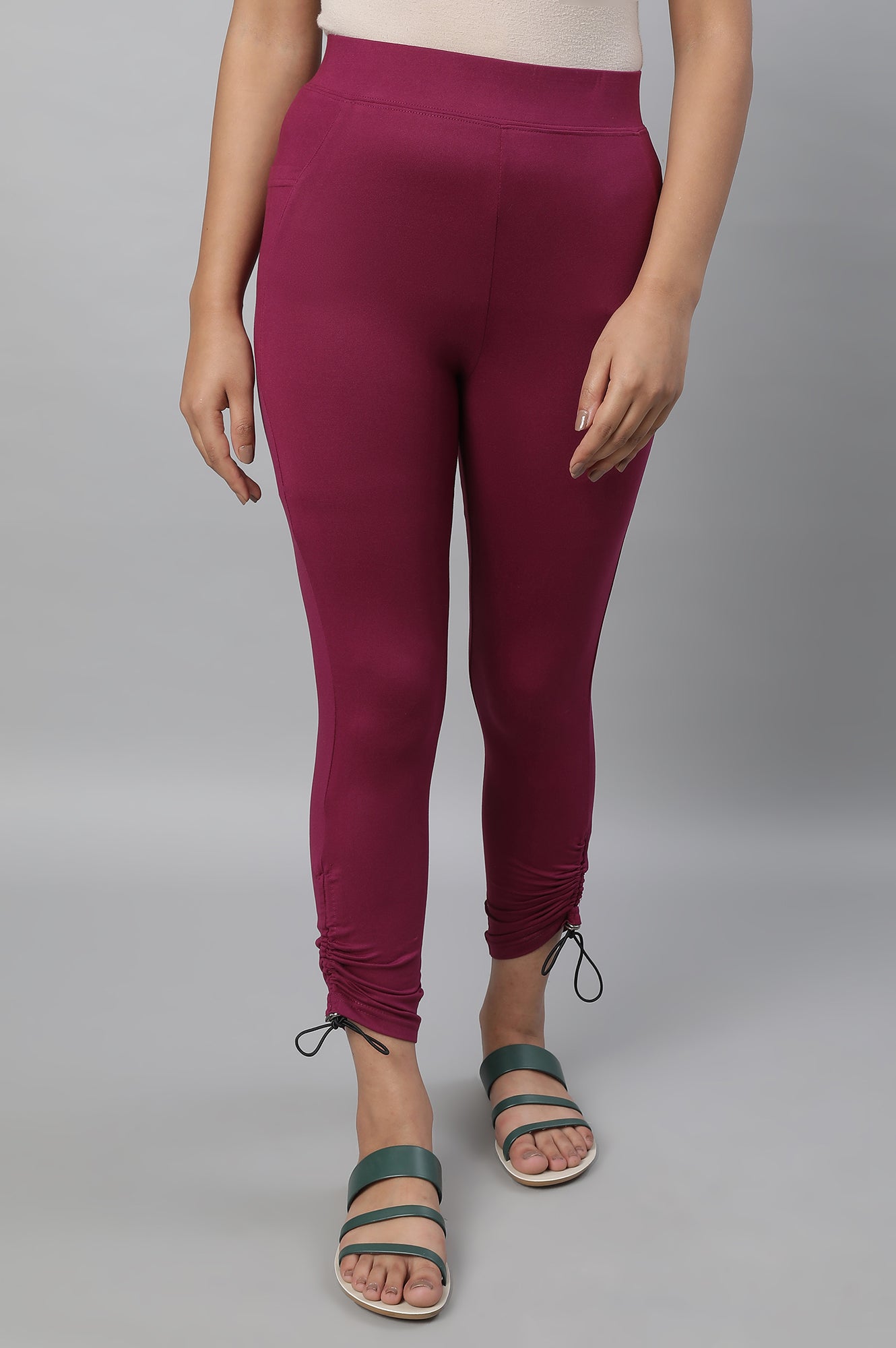 Purple Solid Skinny Fit Tights With Drawstring Detail