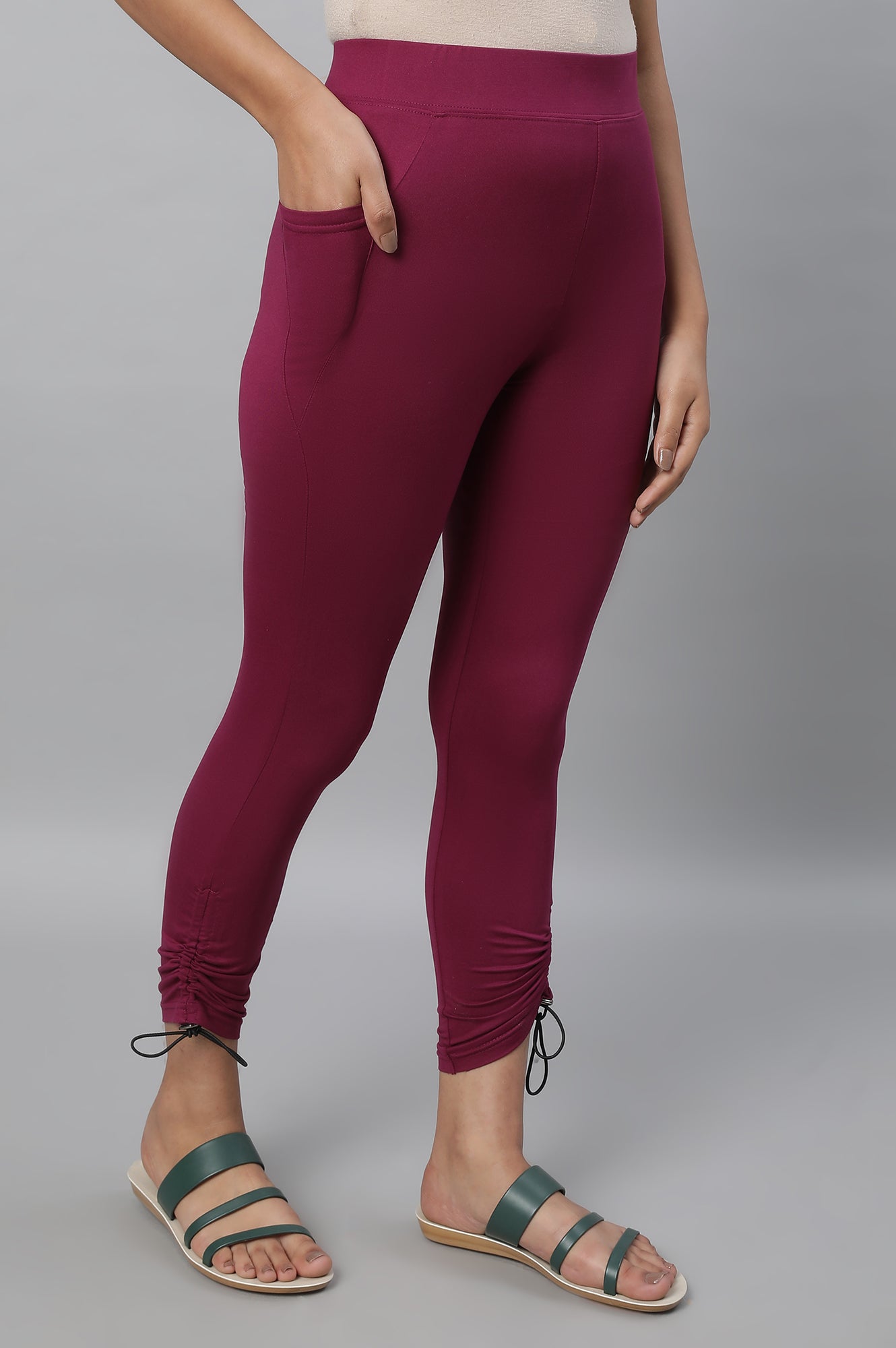 Purple Solid Skinny Fit Tights With Drawstring Detail
