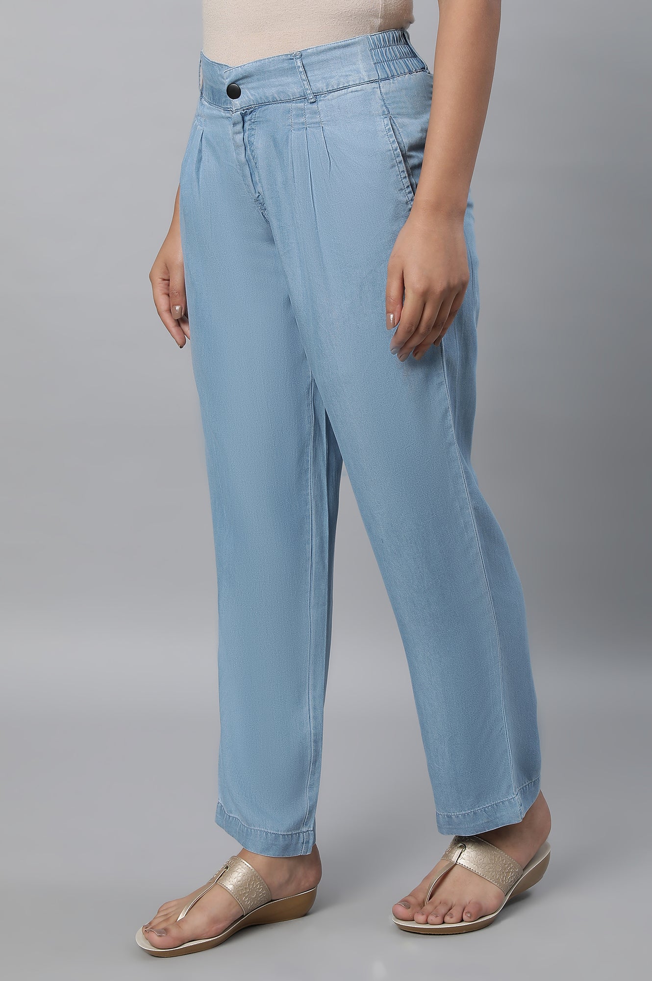 Light Blue Solid Straight Fit Denim Palazzo With Pleated Detail