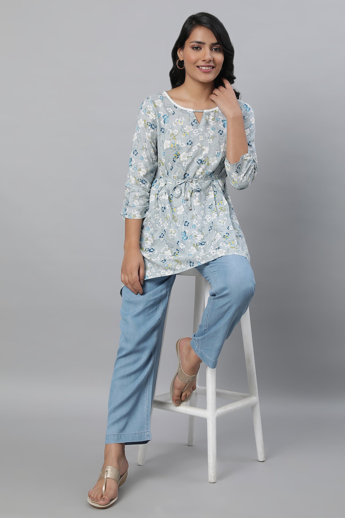 Light Blue Solid Straight Fit Denim Palazzo With Pleated Detail