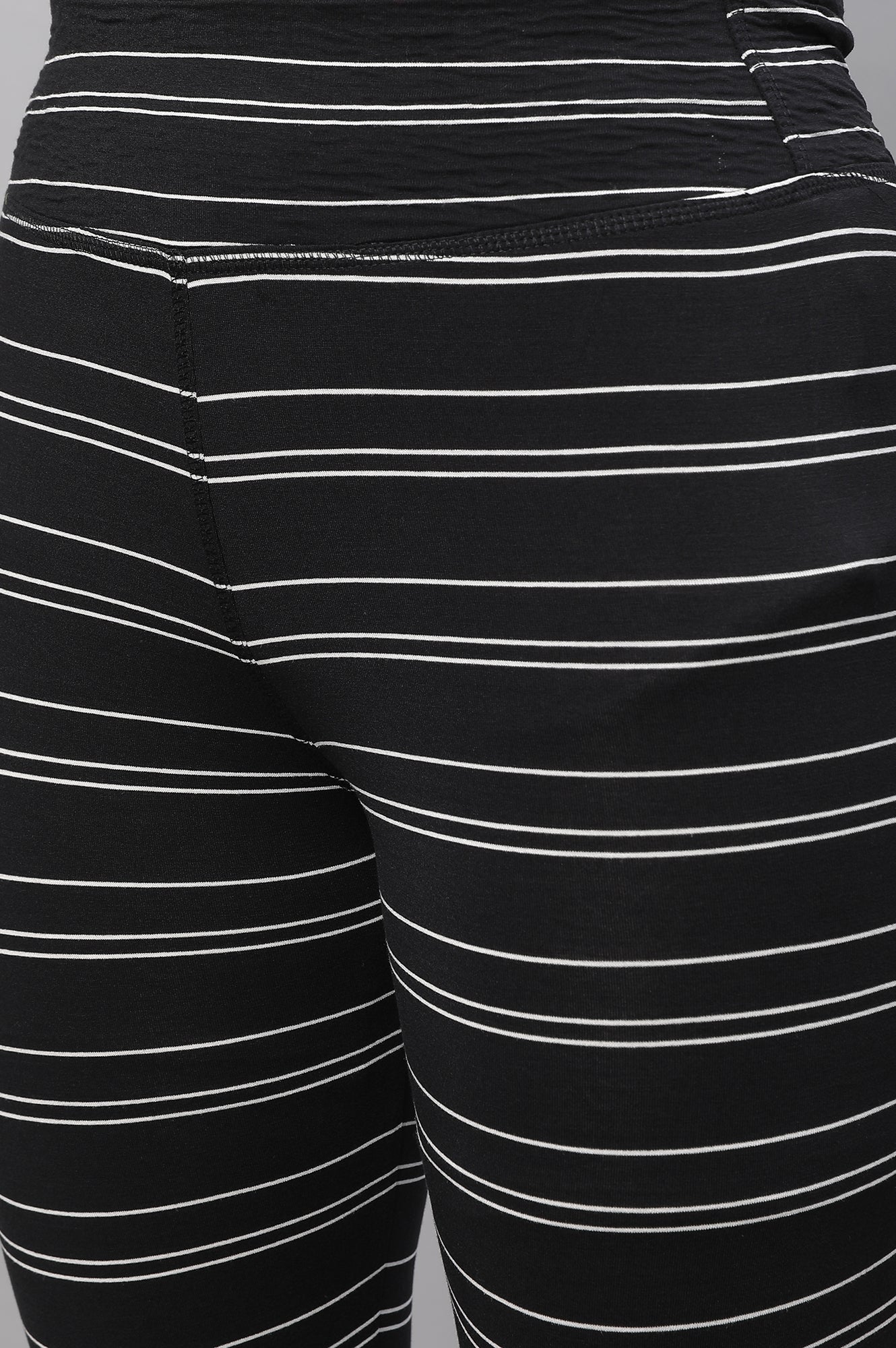 Black Striped Skinny Fit Cotton Tights With High Waistband