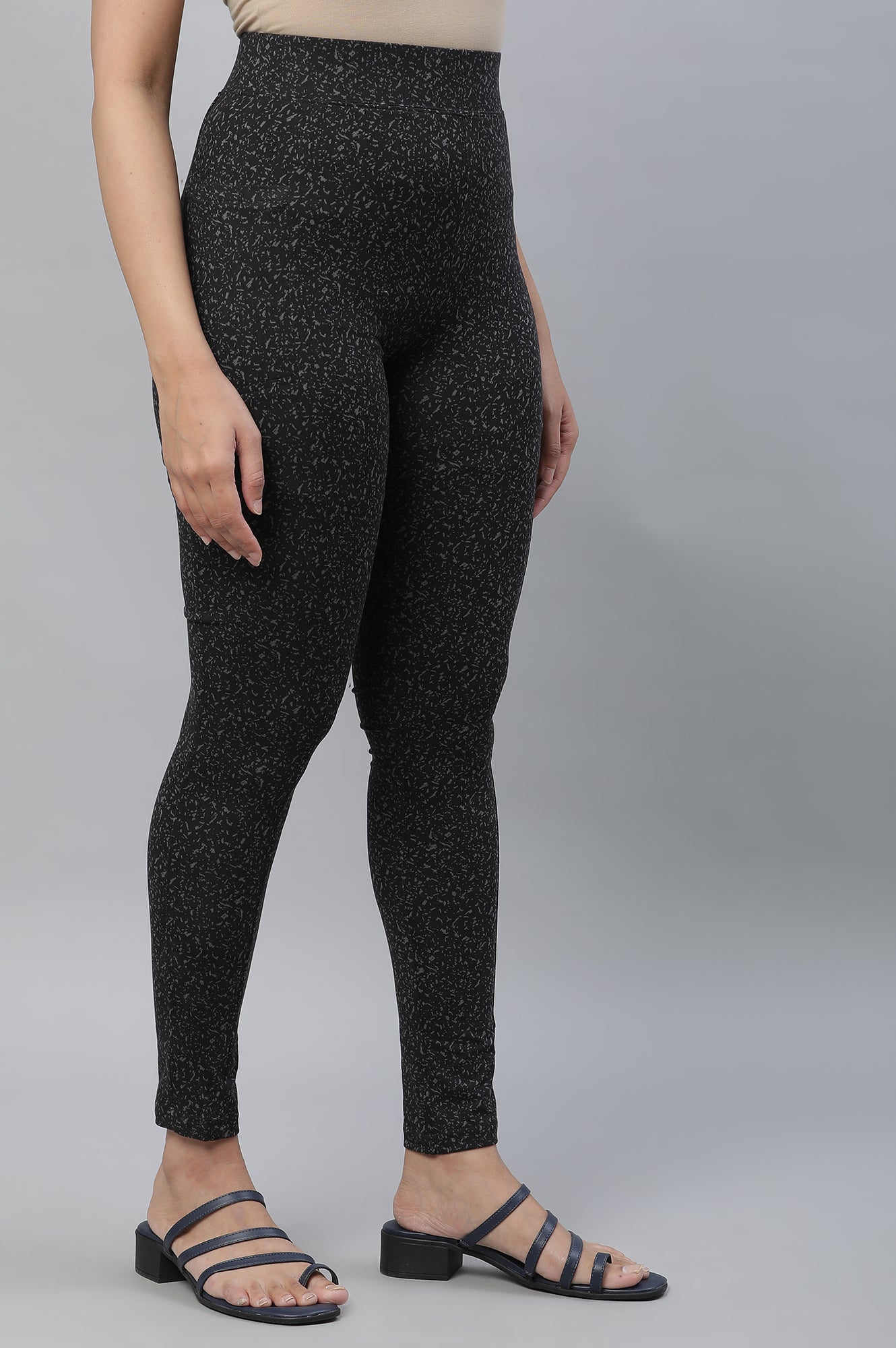 Black Printed Skinny Fit Tights With Elasticated Waist