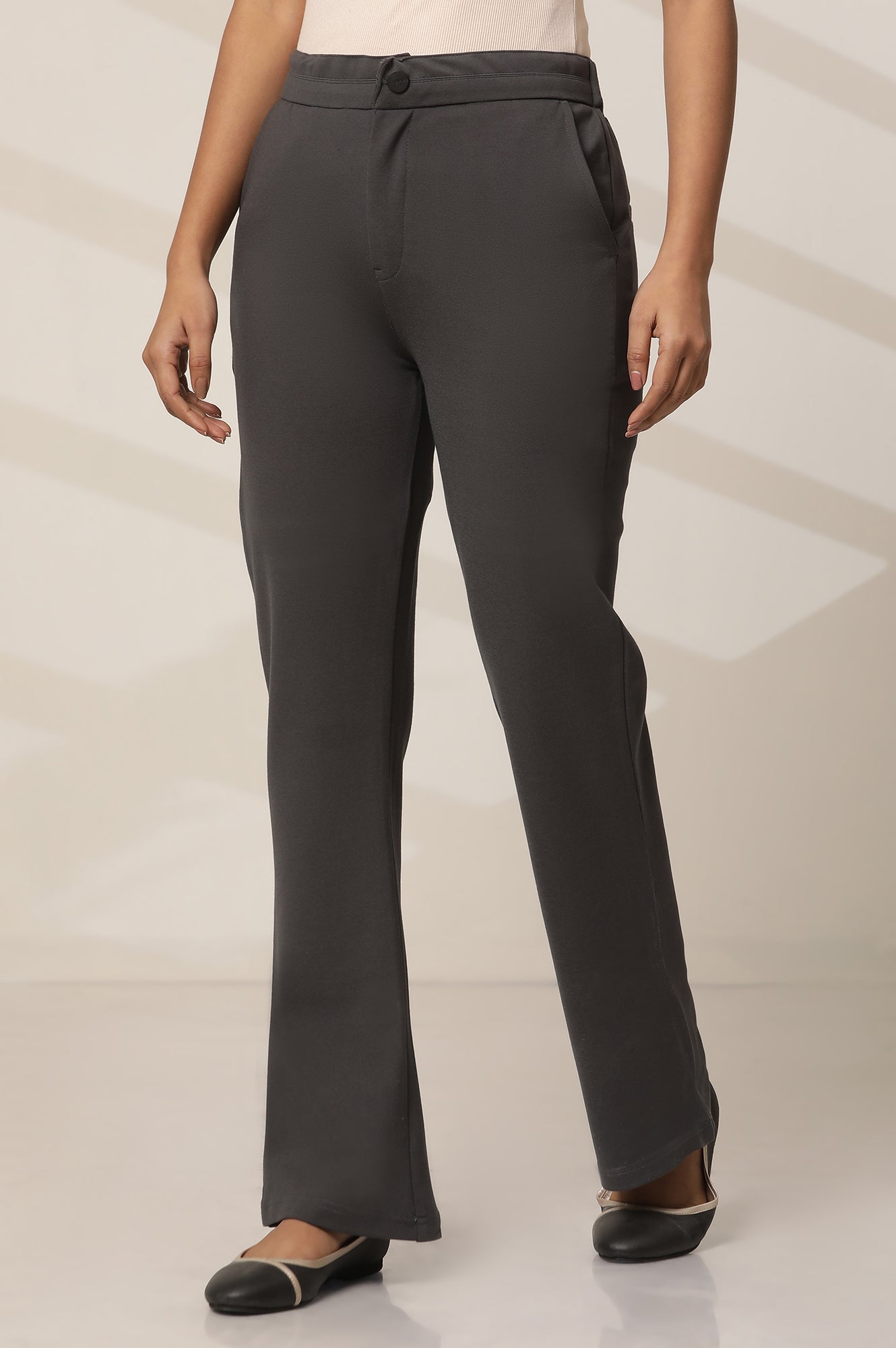 Grey Solid Straight Fit Pants With Button Closure