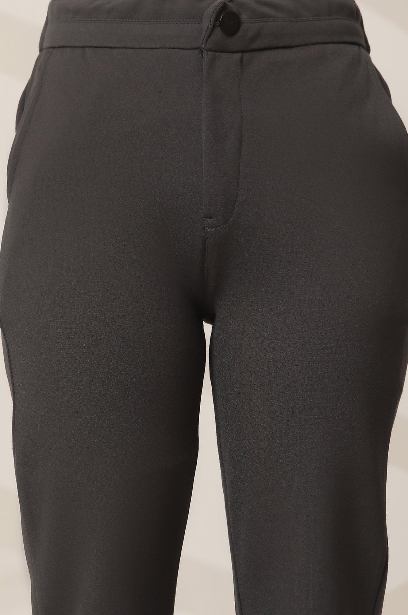 Grey Solid Straight Fit Pants With Button Closure