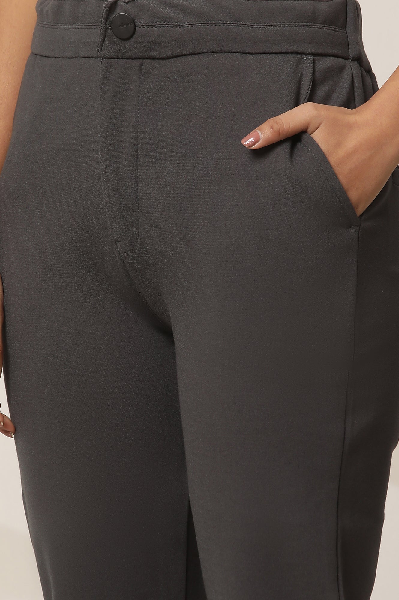 Grey Solid Straight Fit Pants With Button Closure