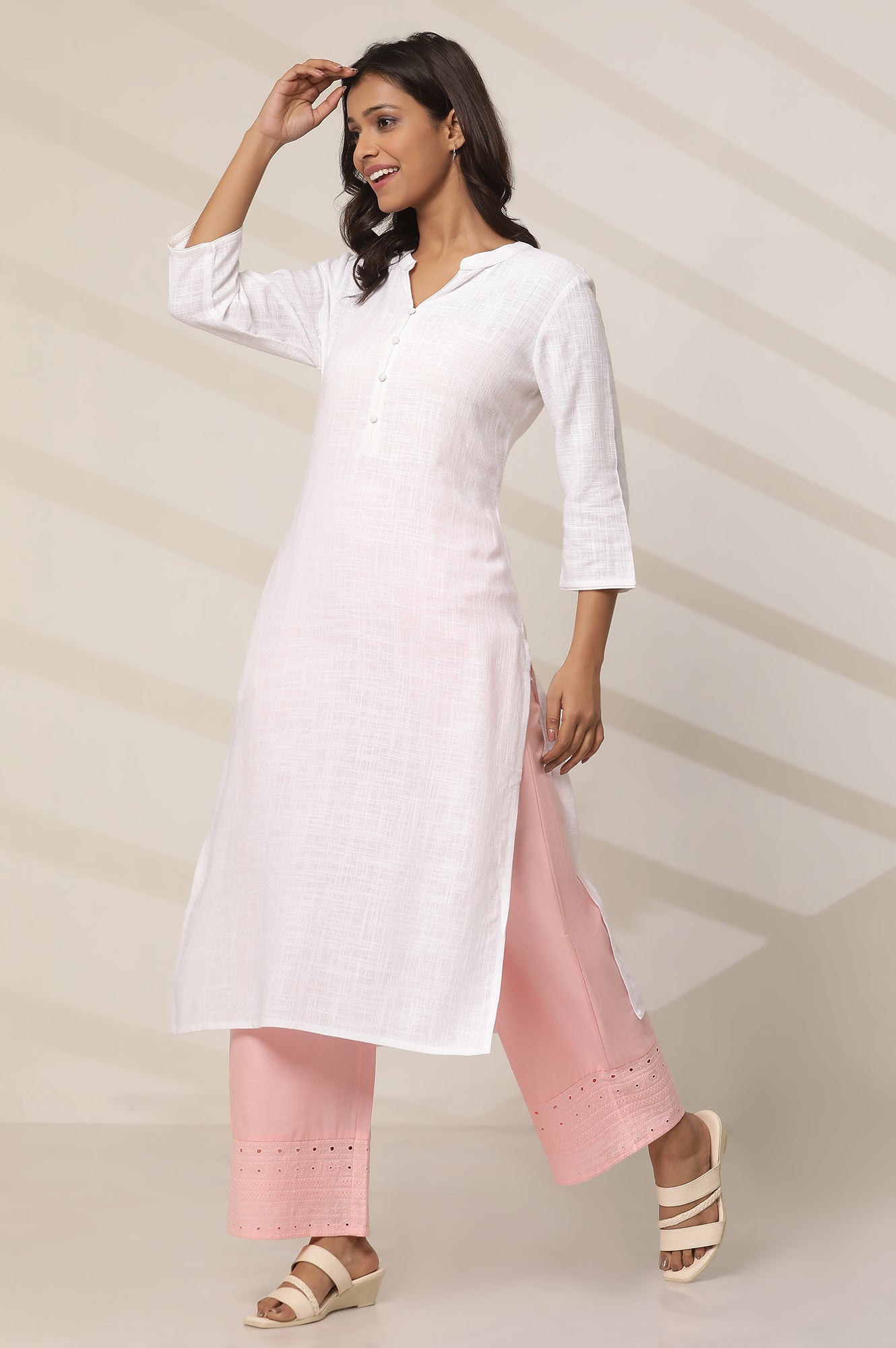 Pink Embroidered Straight Fit Cotton Palazzo With Elasticated Waist