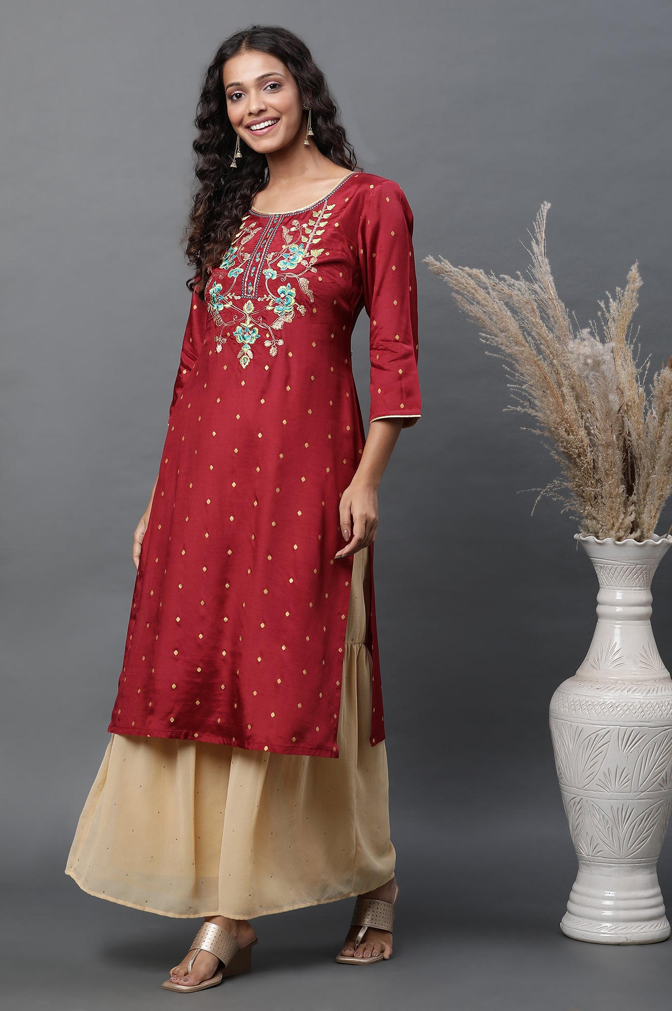 Gold Polka Dots Printed Flared Woven Palazzo With Elasticated Waist