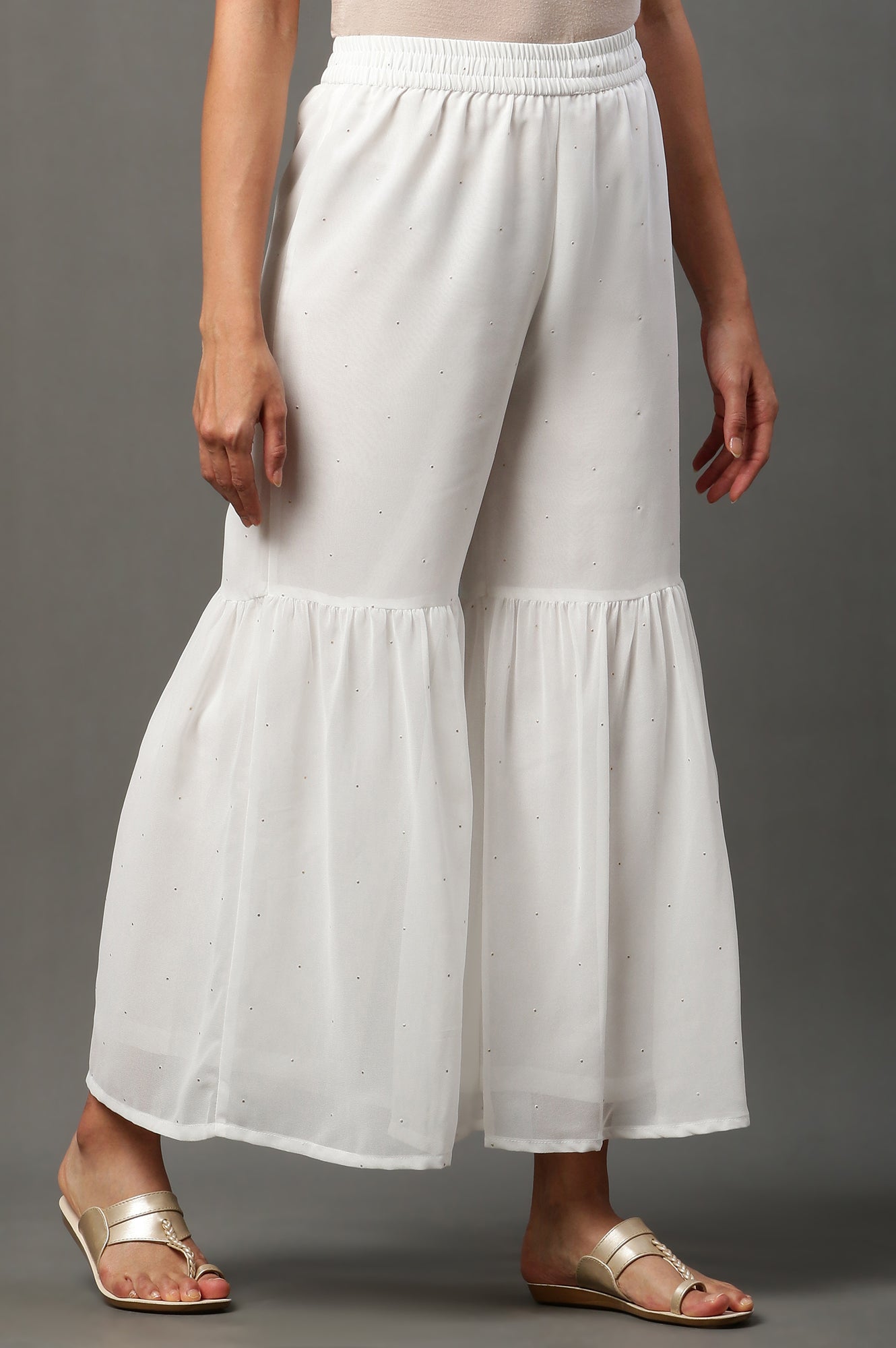 White Polka Dots Printed Flared Georgette Sharara With Elasticated Waist