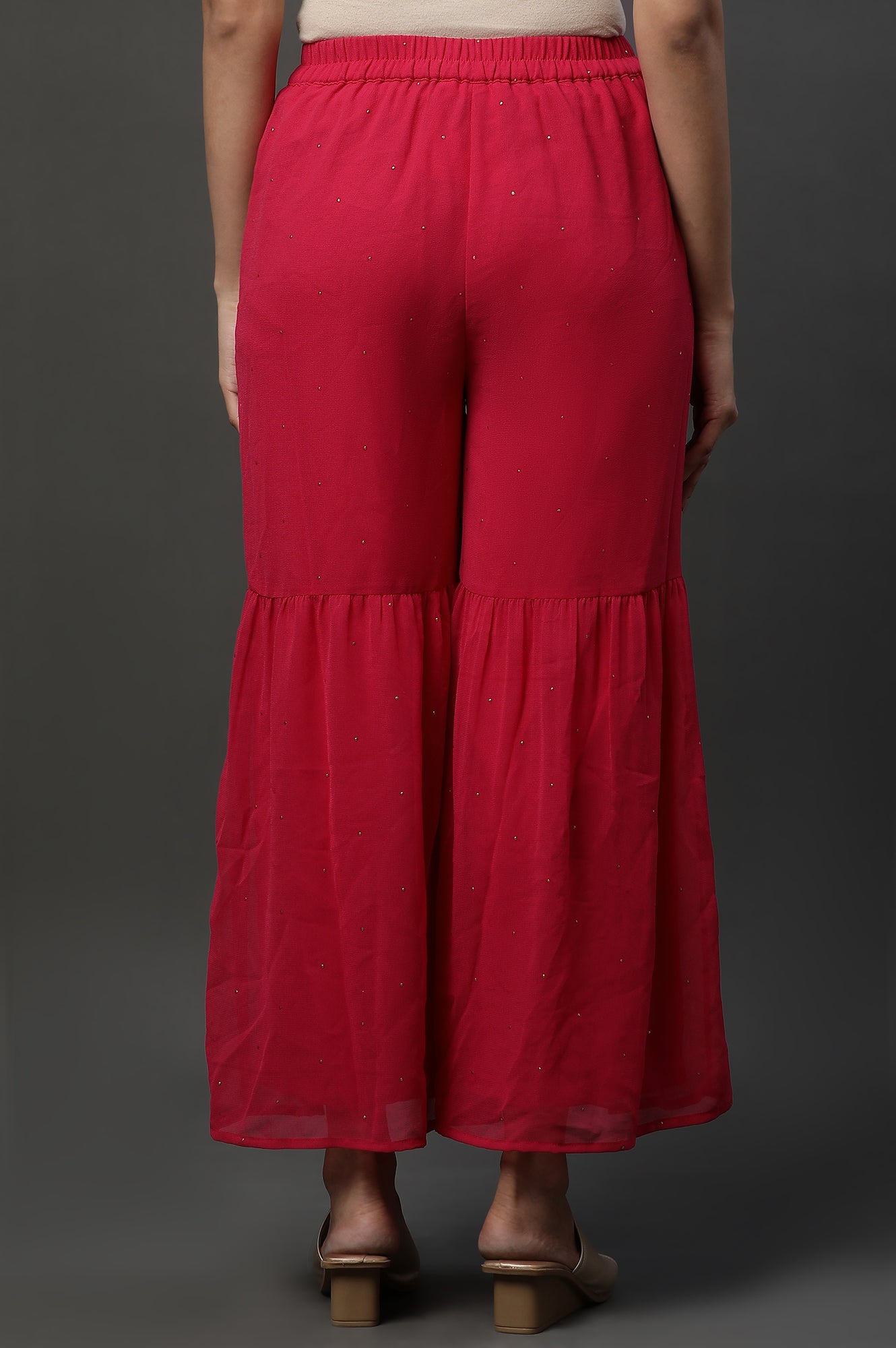 Pink Polka Dots Printed Flared Georgette Sharara With Elasticated Waist