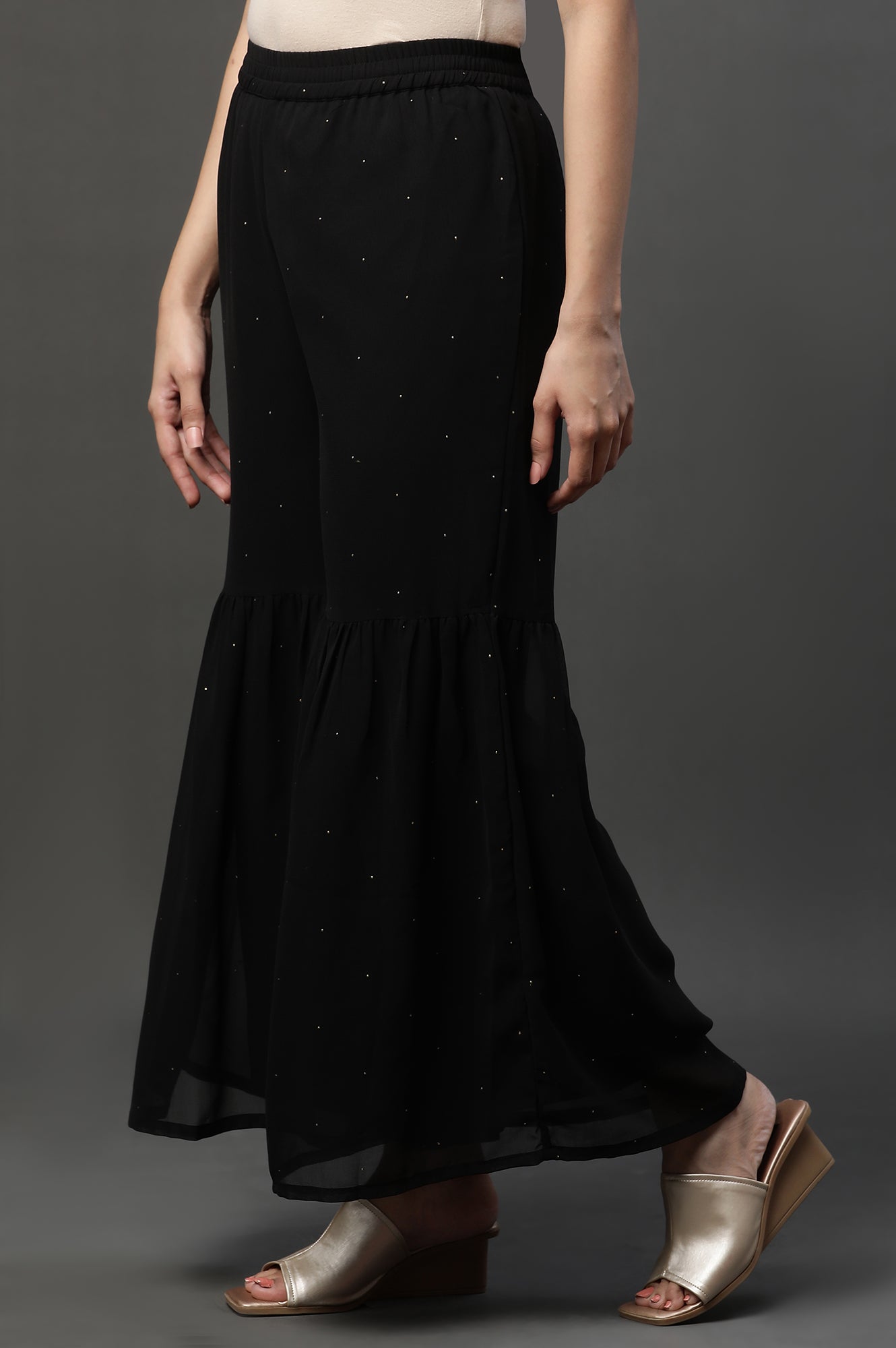 Black Polka Dots Printed Flared Georgette Sharara With Elasticated Waist