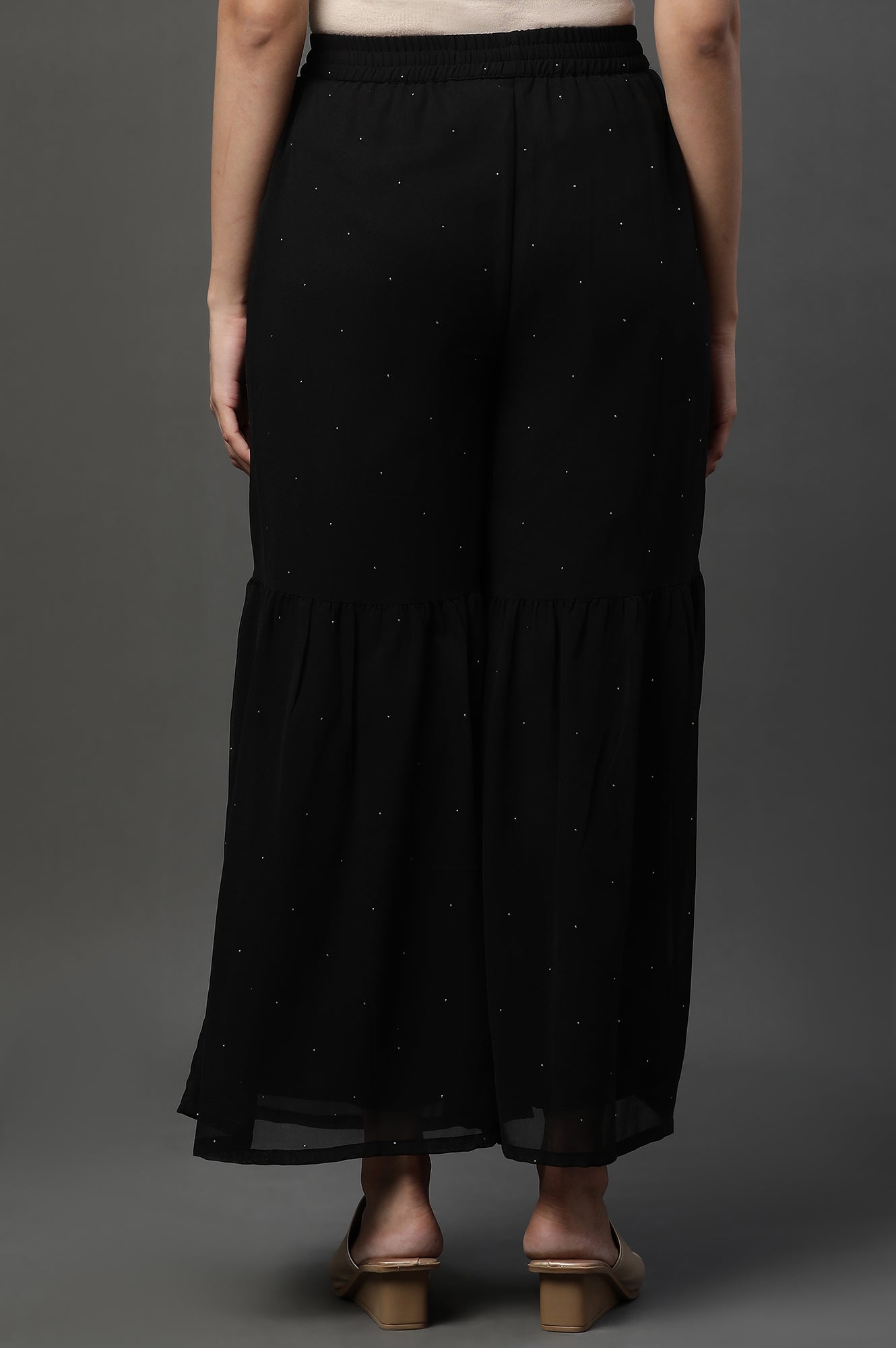 Black Polka Dots Printed Flared Georgette Sharara With Elasticated Waist