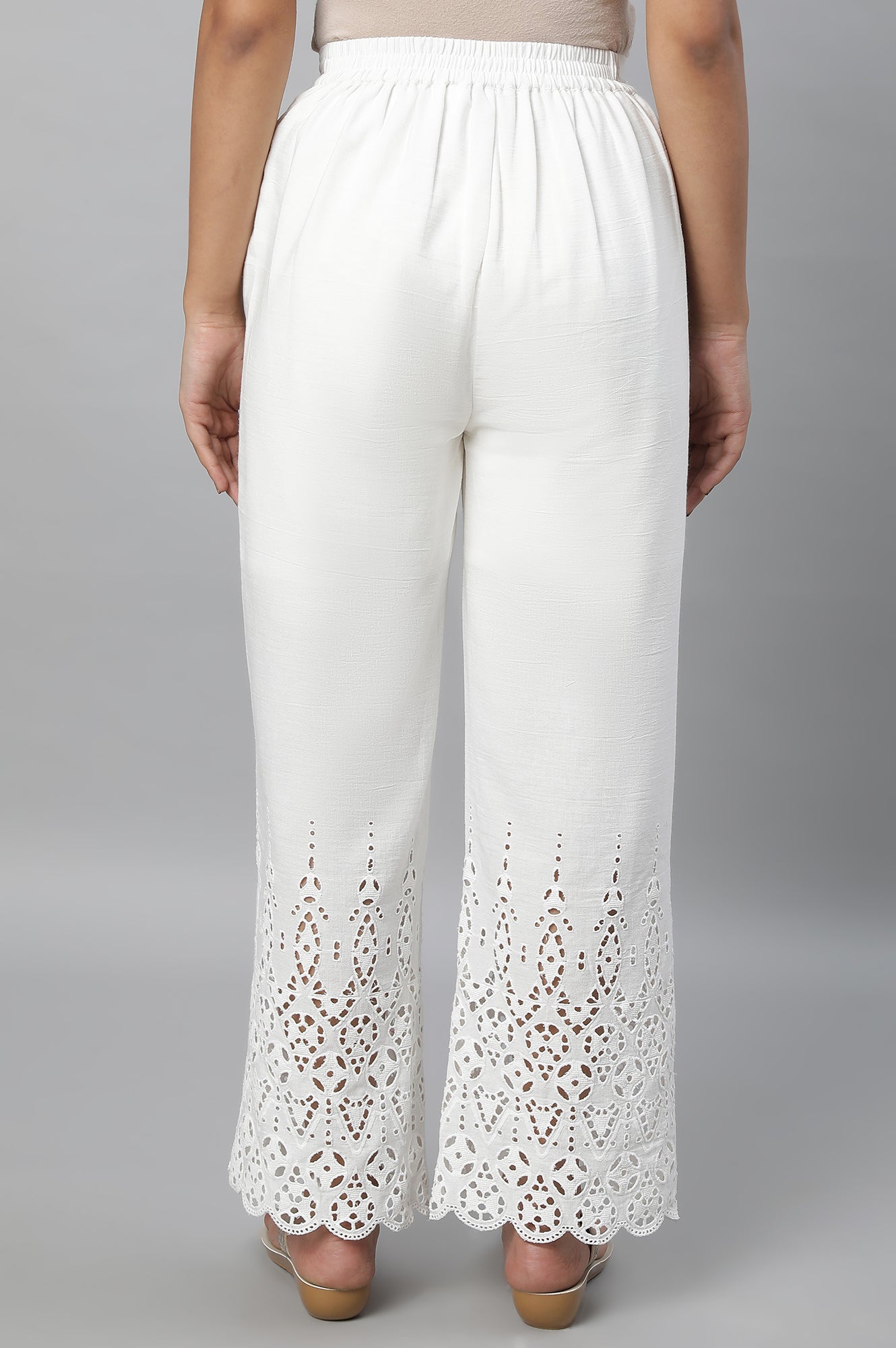 White Embroidered Straight Fit Cotton Palazzo With Side Pockets