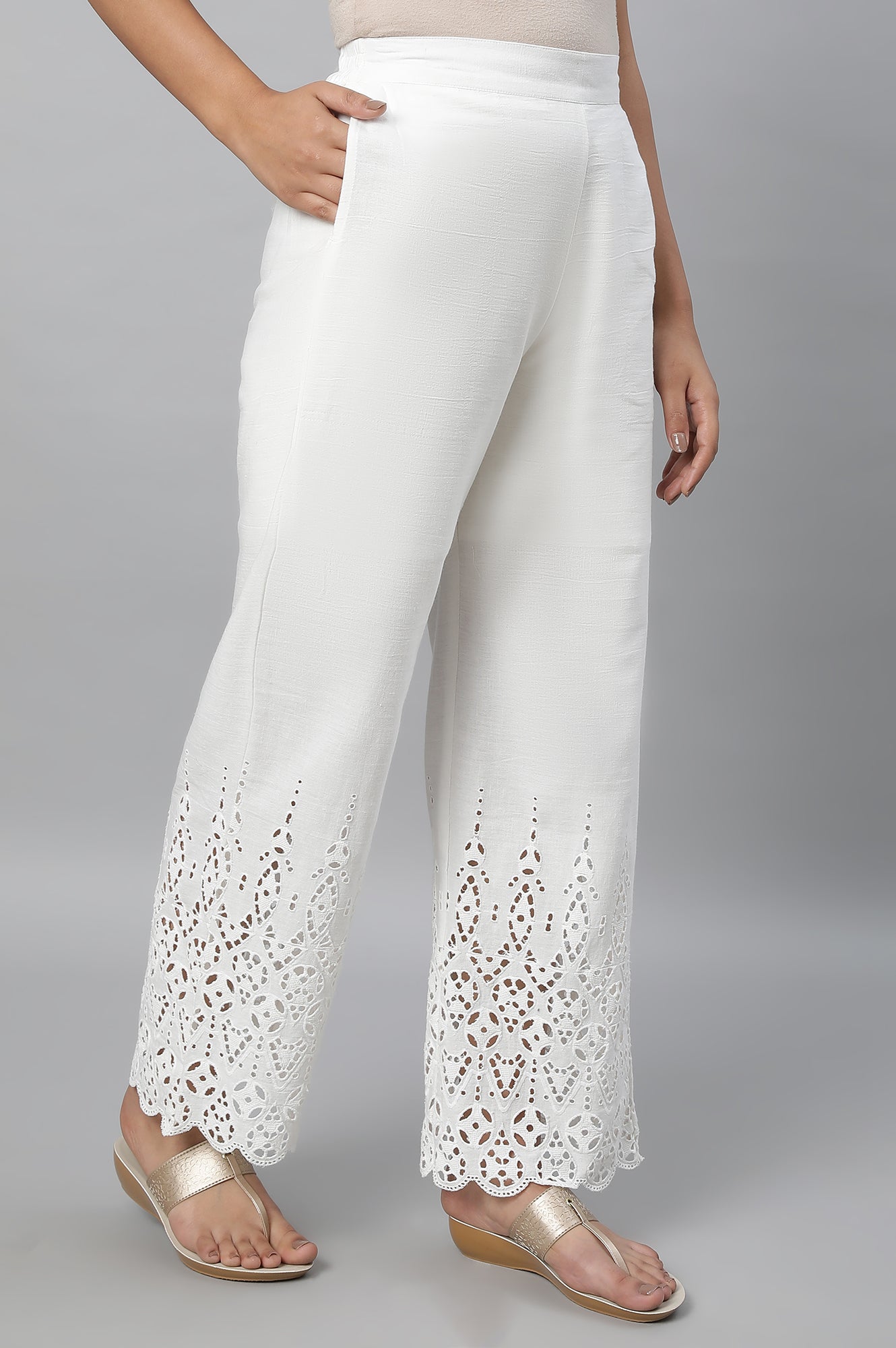 White Embroidered Straight Fit Cotton Palazzo With Side Pockets