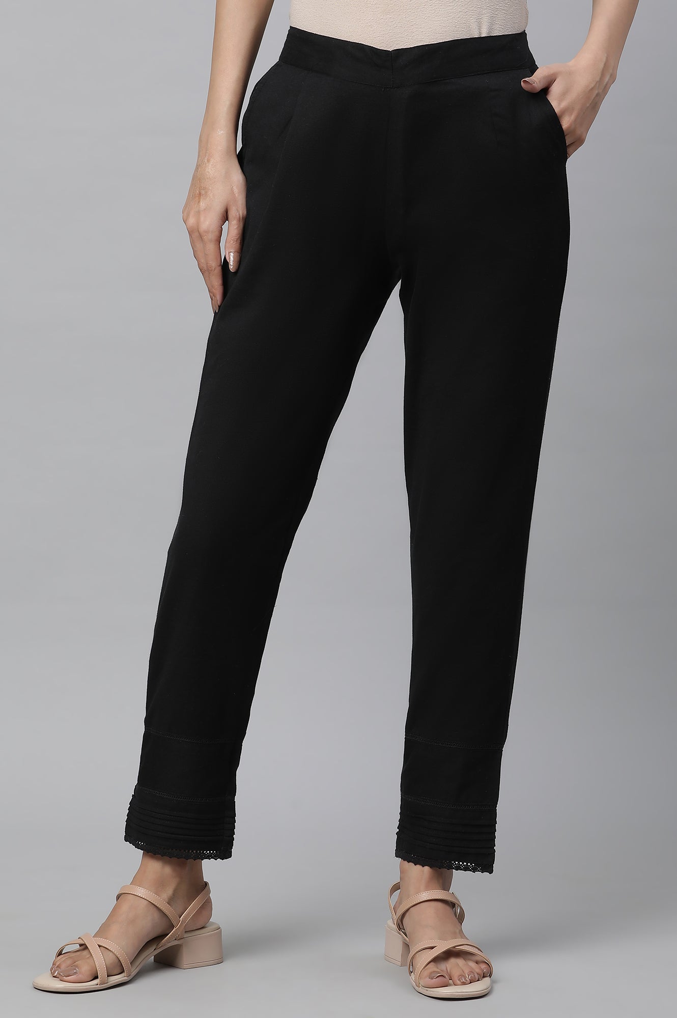 Black Solid Straight Fit Cotton Trousers With Lace Insert