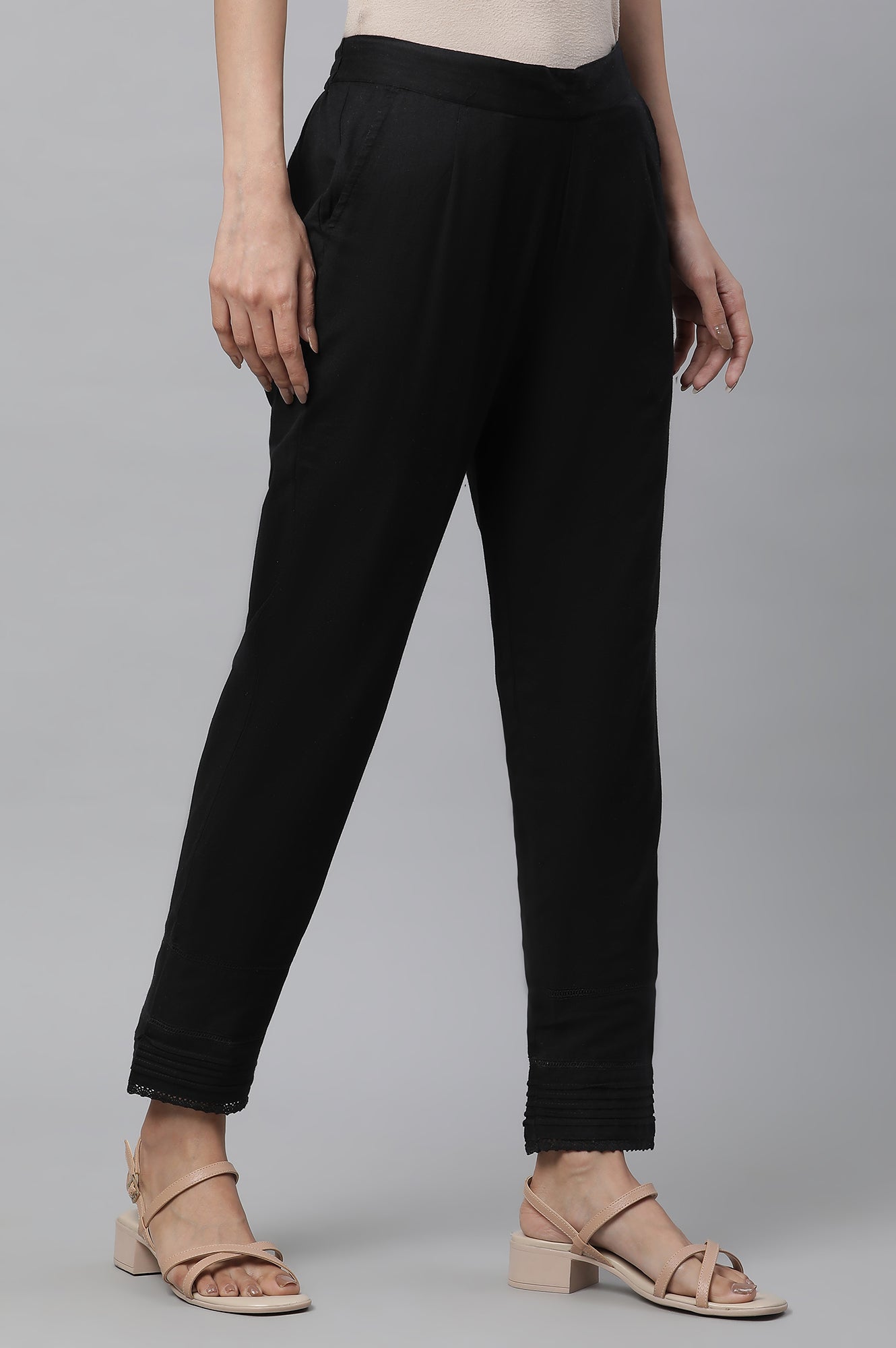Black Solid Straight Fit Cotton Trousers With Lace Insert