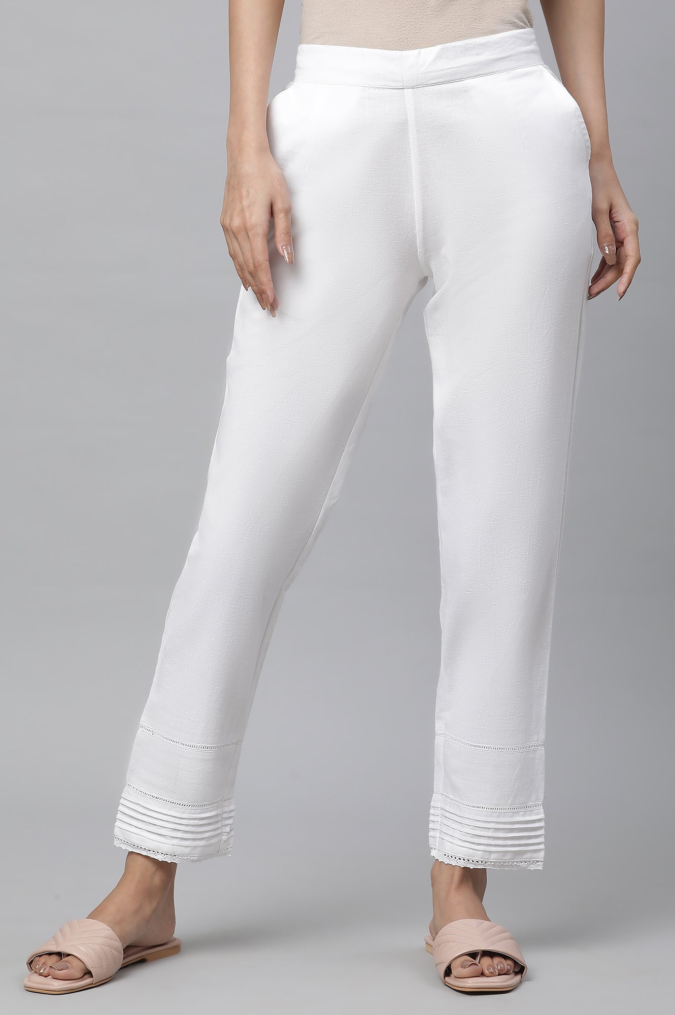 White Solid Straight Fit Cotton Trousers With Lace Inserts