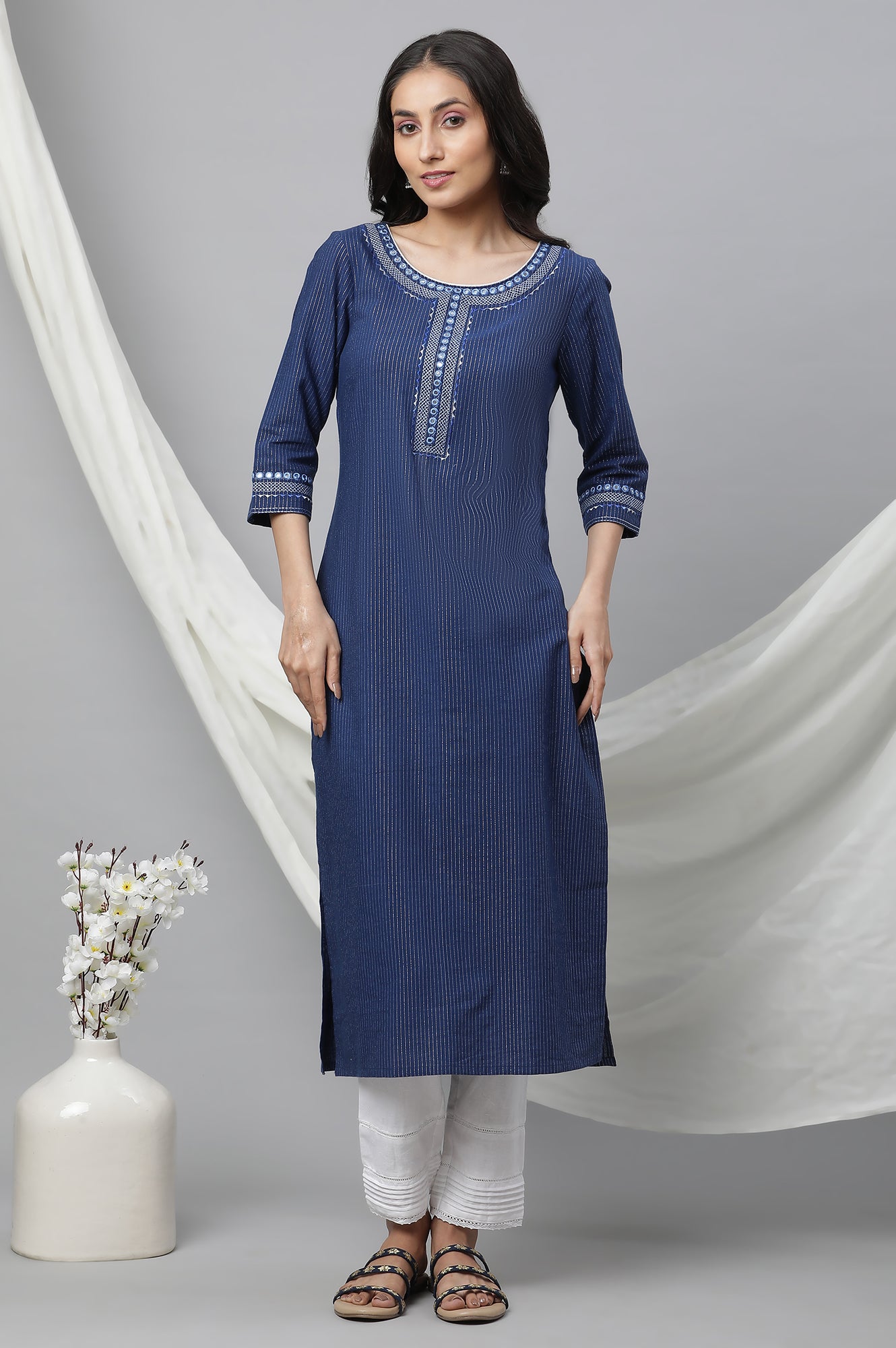 White Solid Straight Fit Cotton Trousers With Lace Inserts