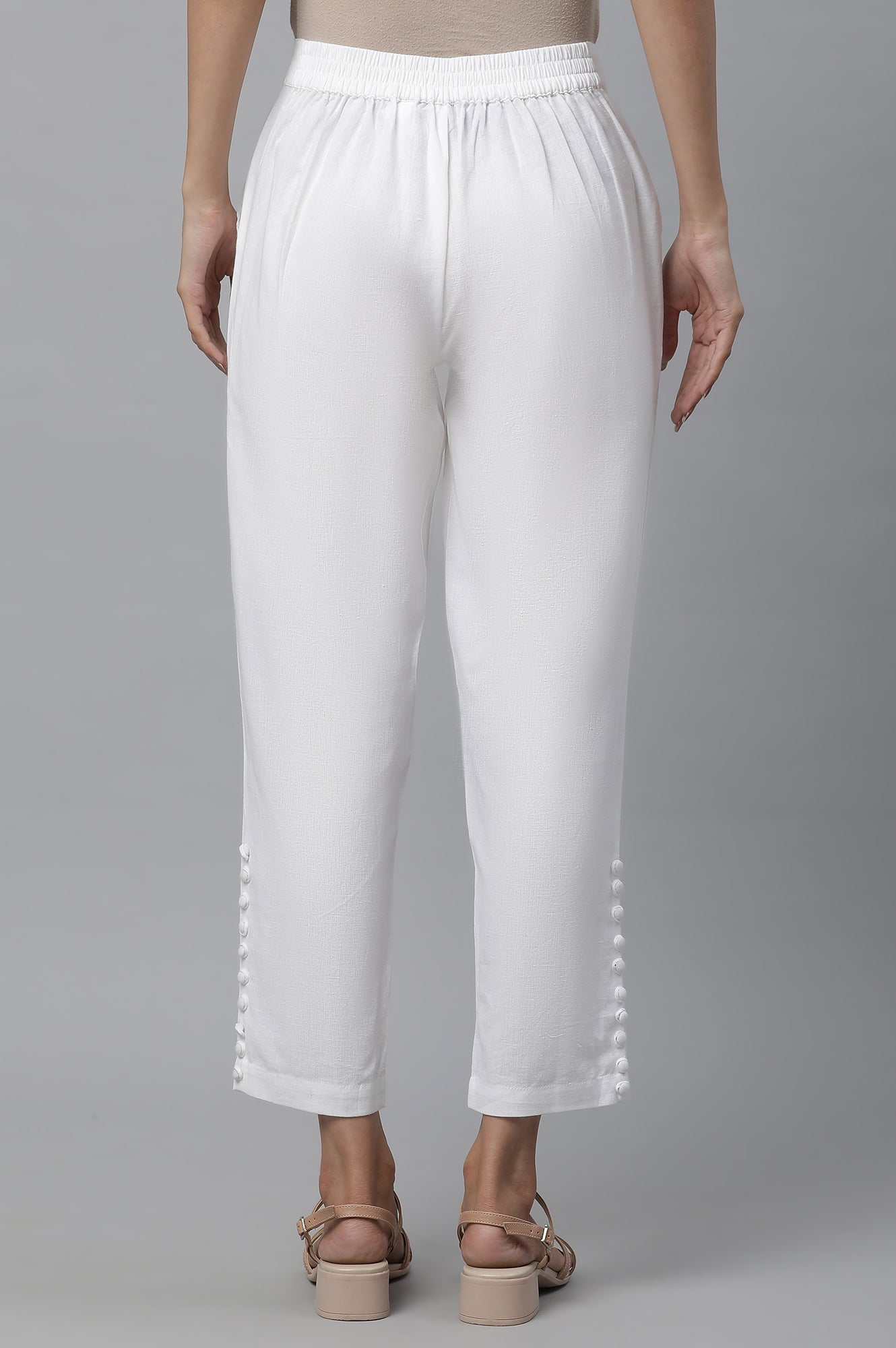 White Solid Straight Fit Cotton Trousers With Button Detail