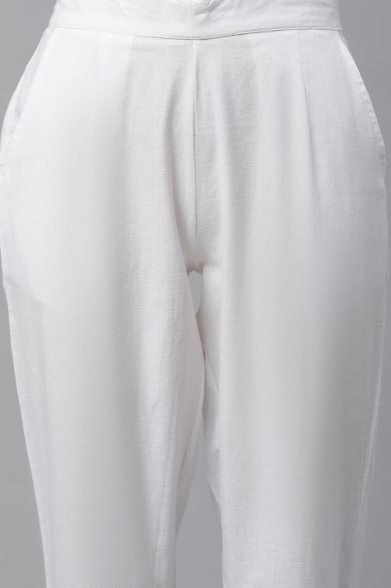White Solid Straight Fit Cotton Trousers With Button Detail