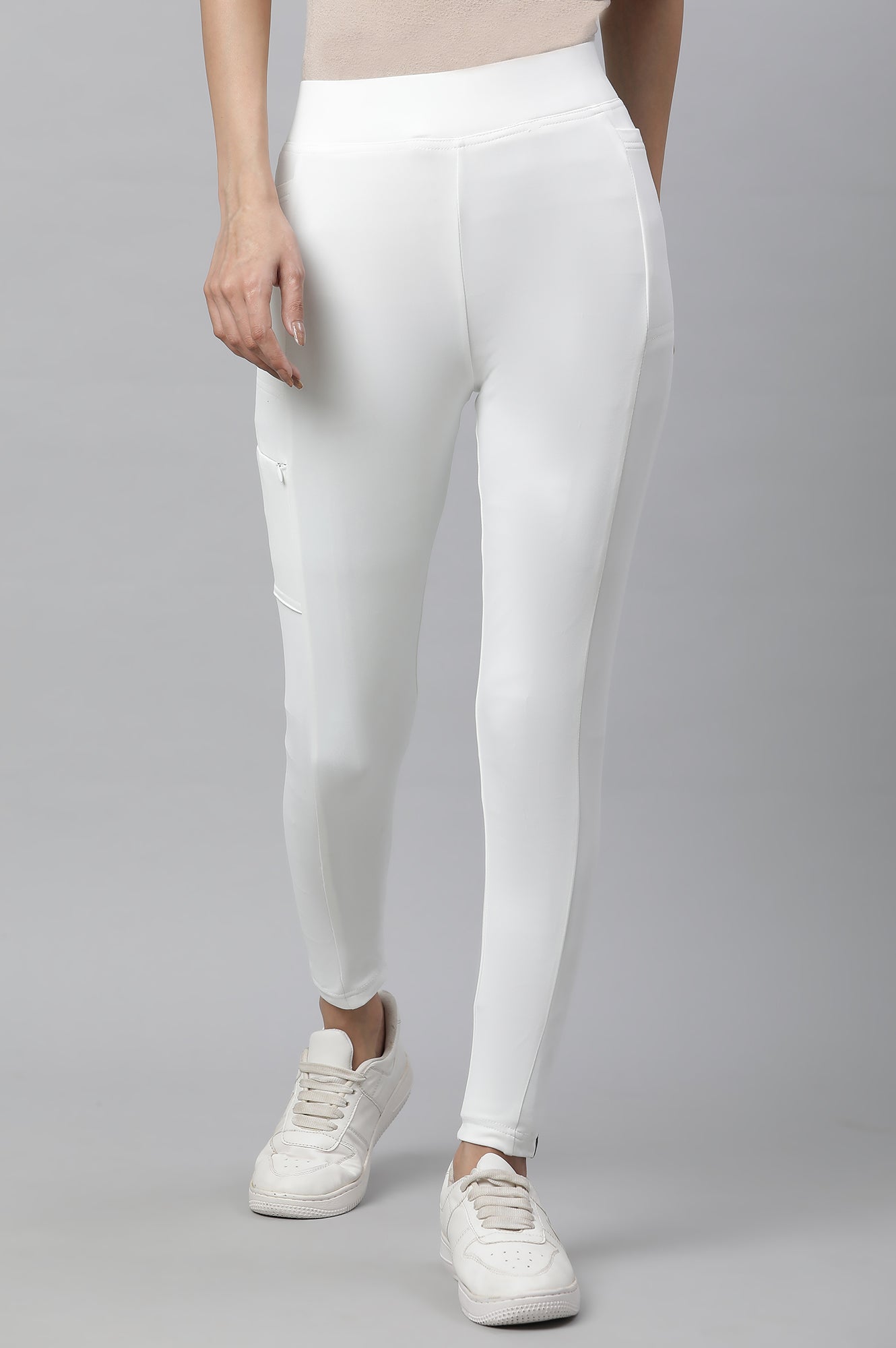 White Solid Skinny Fit Tights With Elasticated Waist