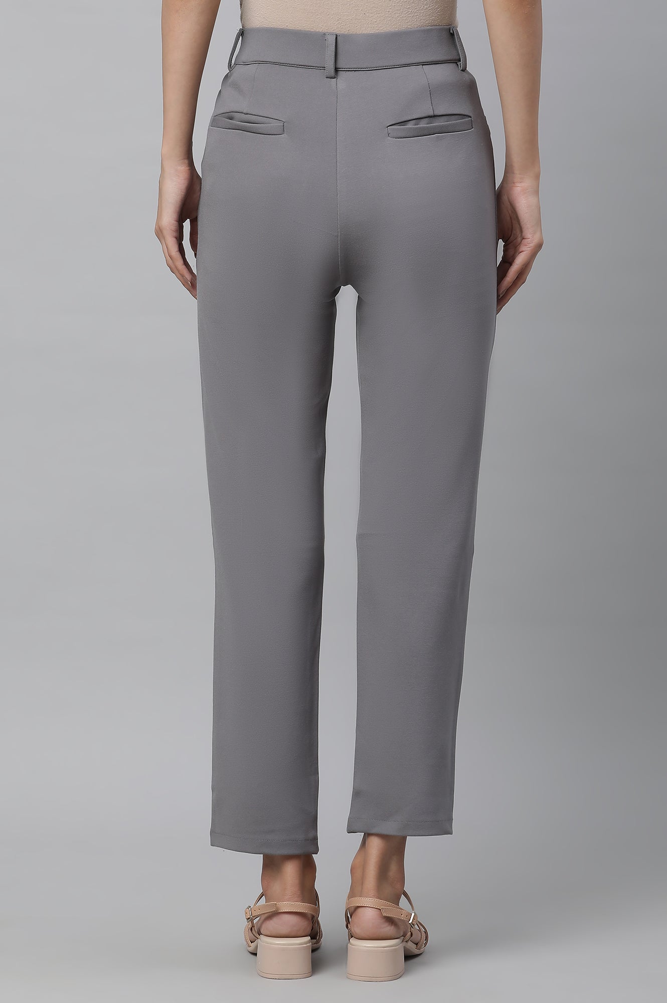 Grey Solid Slim Fit Pants With Front Zip
